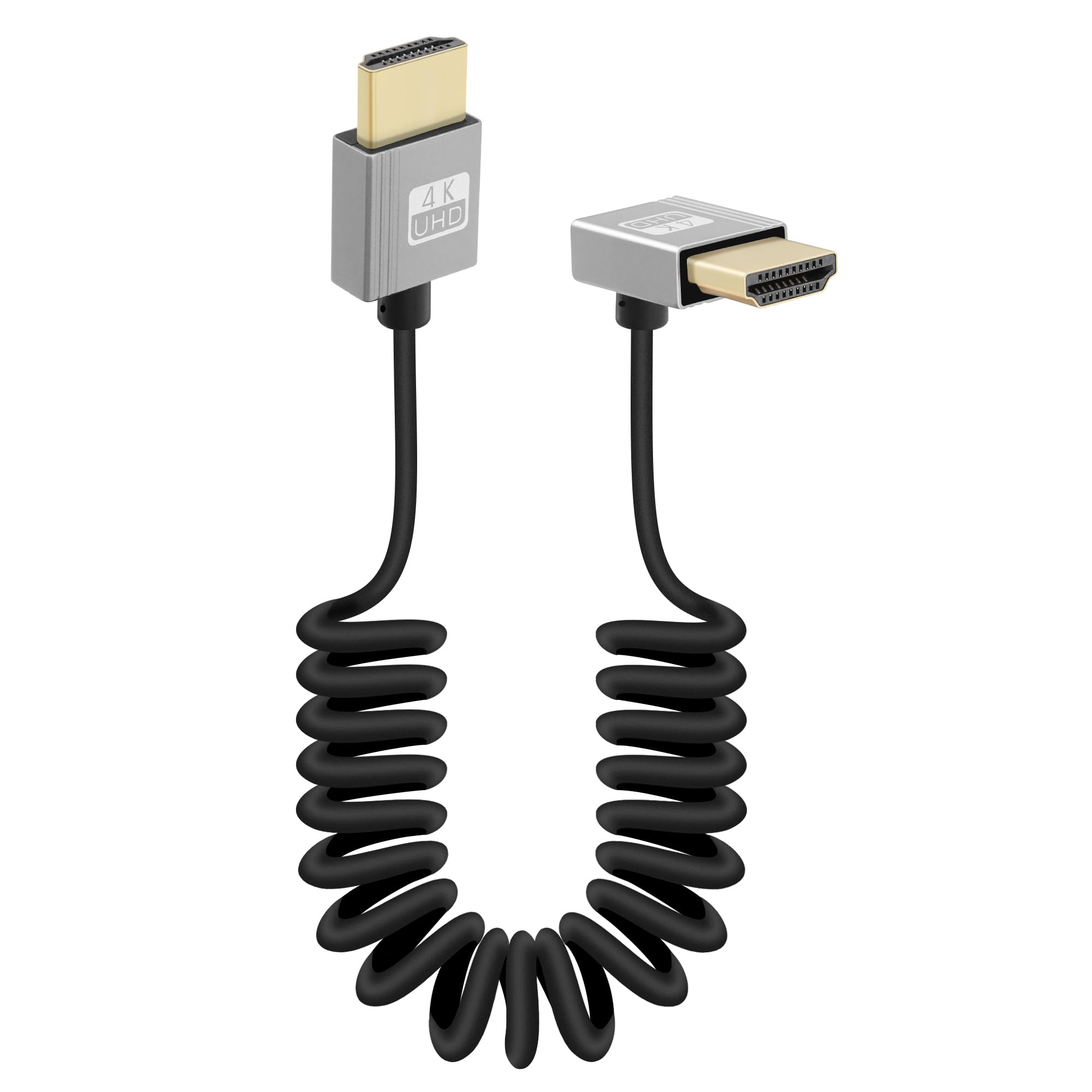 RIIEYOCA 90 Degree 4K HDMI Coiled Cable - 18Gbps High Speed HDMI 2.0 Male to Male Cable (3FT/0.9M) - Supports 4K@60Hz, HDR, 3D - Perfect for DSLR Cameras, Camcorders, Monitors, Gaming Consoles & Home Theater Systems