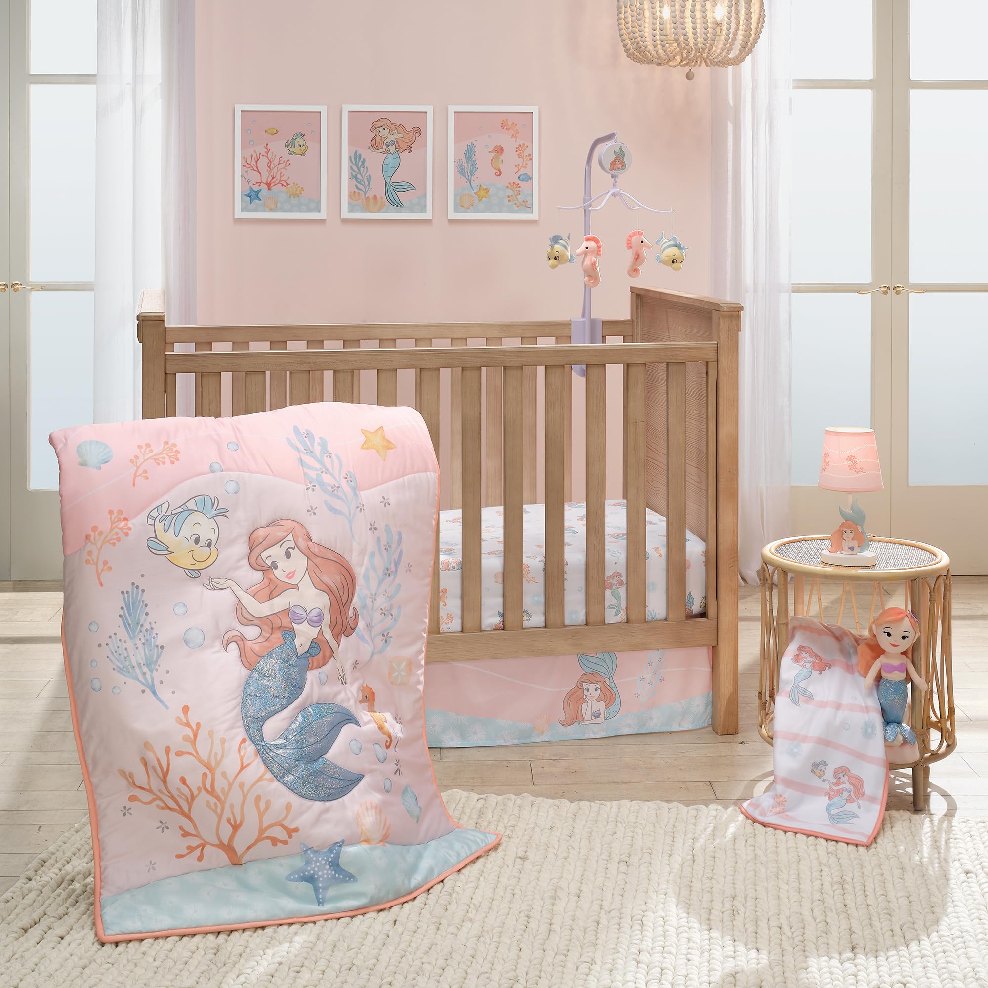 Disney Baby The Little Mermaid 3-Piece Crib Bedding Set - Soft Baby Blanket, Fitted Sheet & Crib Skirt - Perfect for Nursery, Baby Shower Gift & Newborn Sleep Comfort