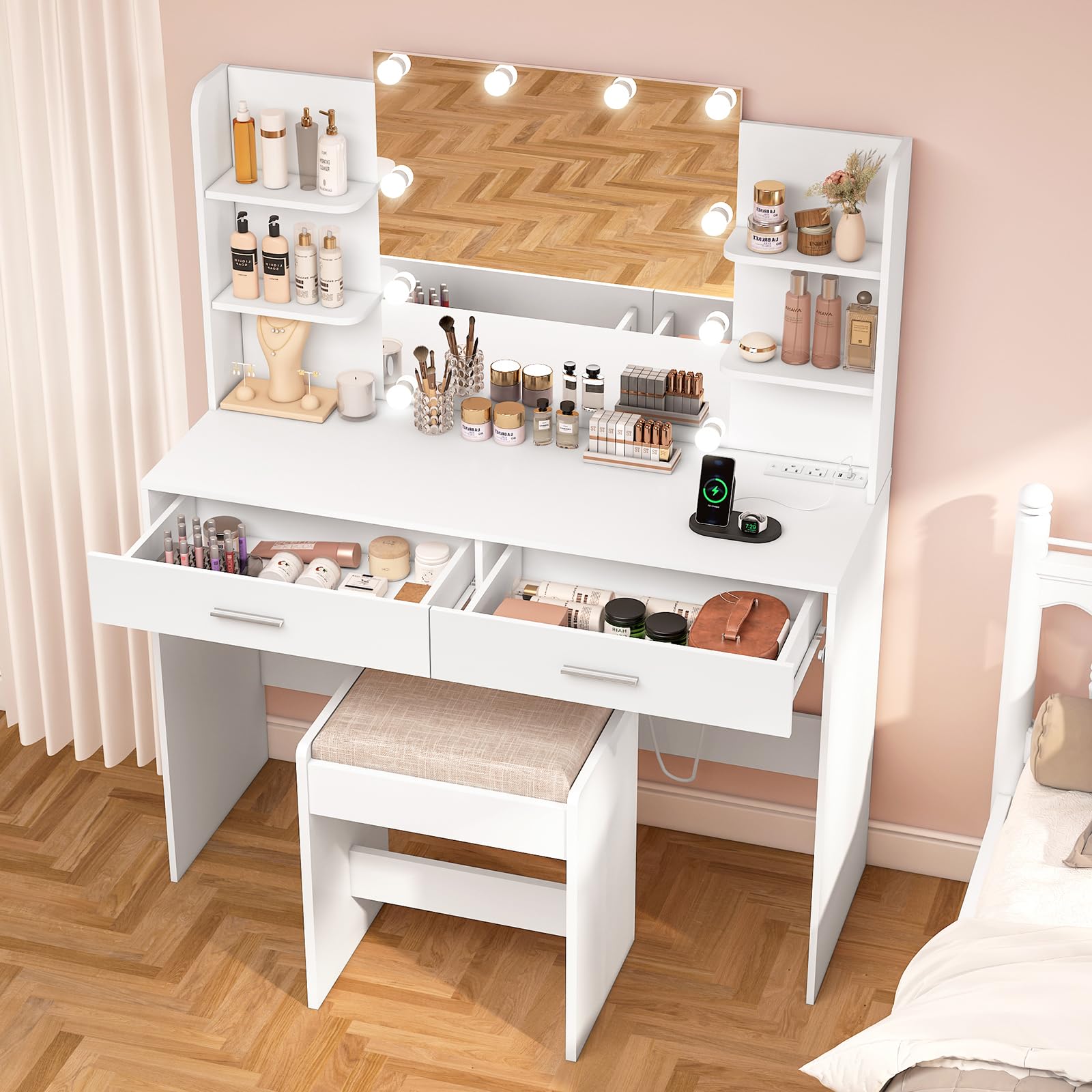 White Vanity Desk with Mirror & LED Lights - 2 Drawers & 6 Storage Shelves, Dressing Table with Power Outlet for Women & Girls - Perfect for Bedroom Makeup & Beauty Routine
