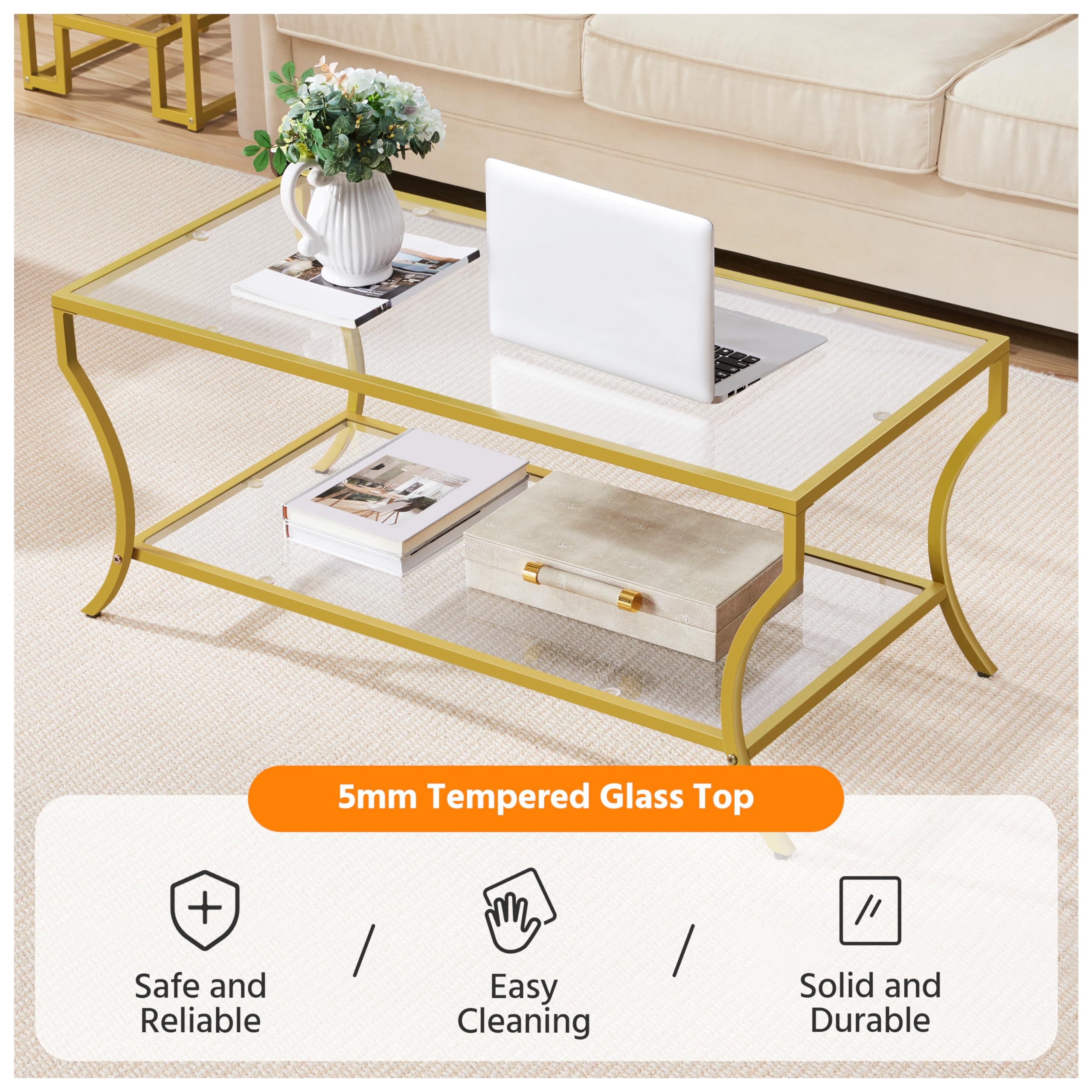 Yaheetech 2-Tier Modern Gold Coffee Table with Tempered Glass Top & Curved Metal Frame - Rectangular Living Room Center Table for Apartment, Lounge & Office - Easy Assembly Home Furniture Decor