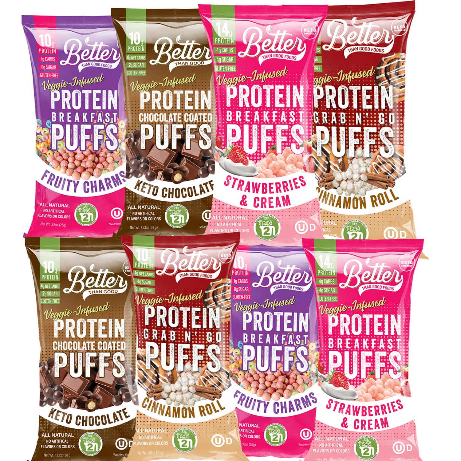 Keto Friendly Healthy Snack Variety Pack - High Protein Veggie Puffs | Low Calorie, Gluten Free, Diabetic Friendly Snacks for Adults & Kids (8-Pack - 2 Each: 4 Flavors) | Perfect for School Lunches, Office Snacks, Road Trips & Weight Loss Journeys