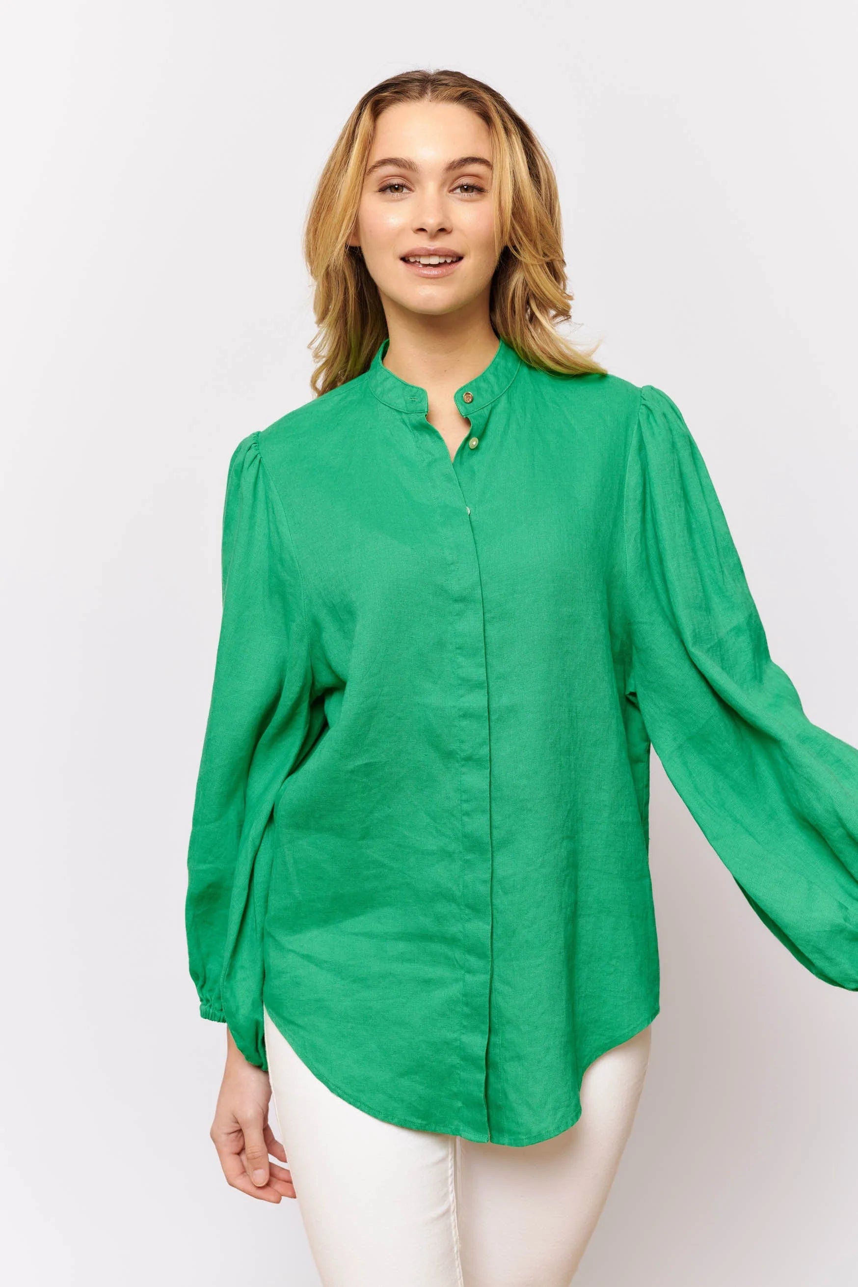 Charade Shirt in Emerald Linen - Women's Elegant Linen Blouse for Casual Wear & Summer Outfits