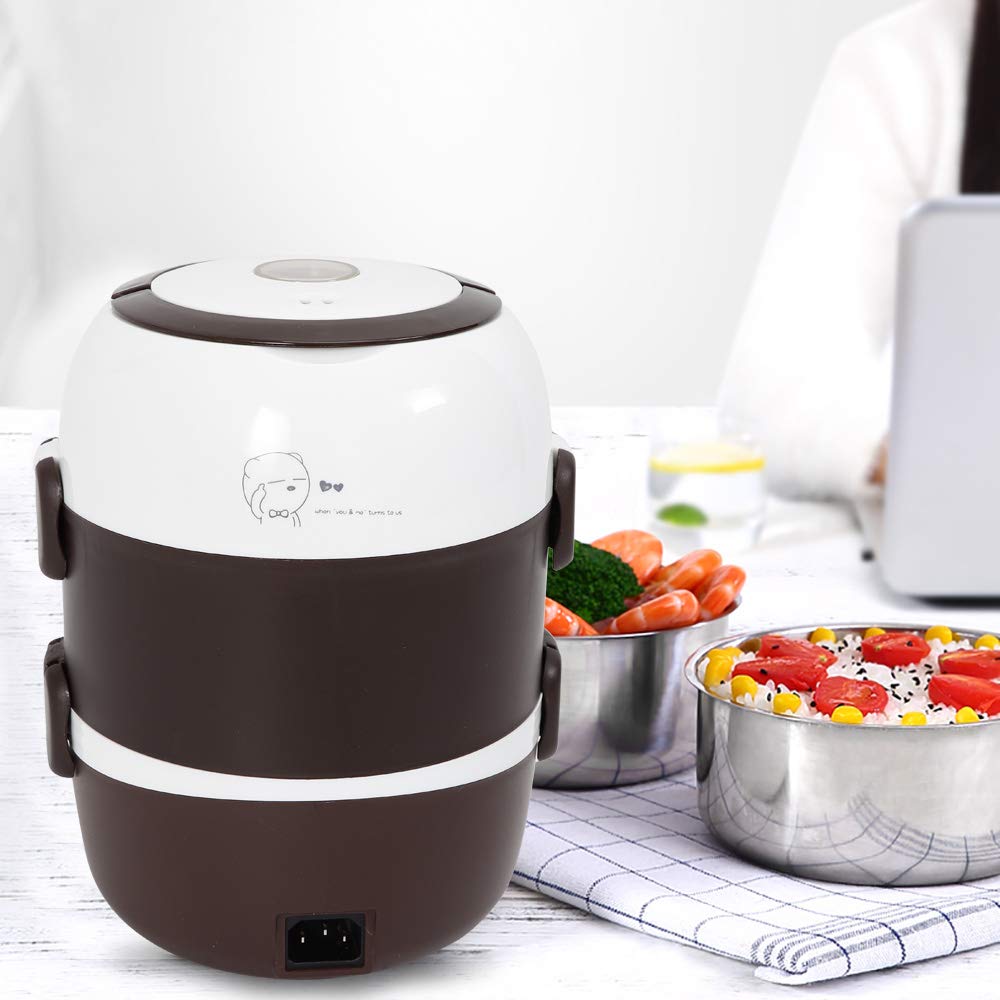 110V 200W 2L 3-Layer Electric Lunch Box - Portable Bento Rice Cooker & Food Warmer with Stainless Steel Bowls & Egg Steamer - Ideal for Office, Travel, Picnics & Meal Prep (Brown)