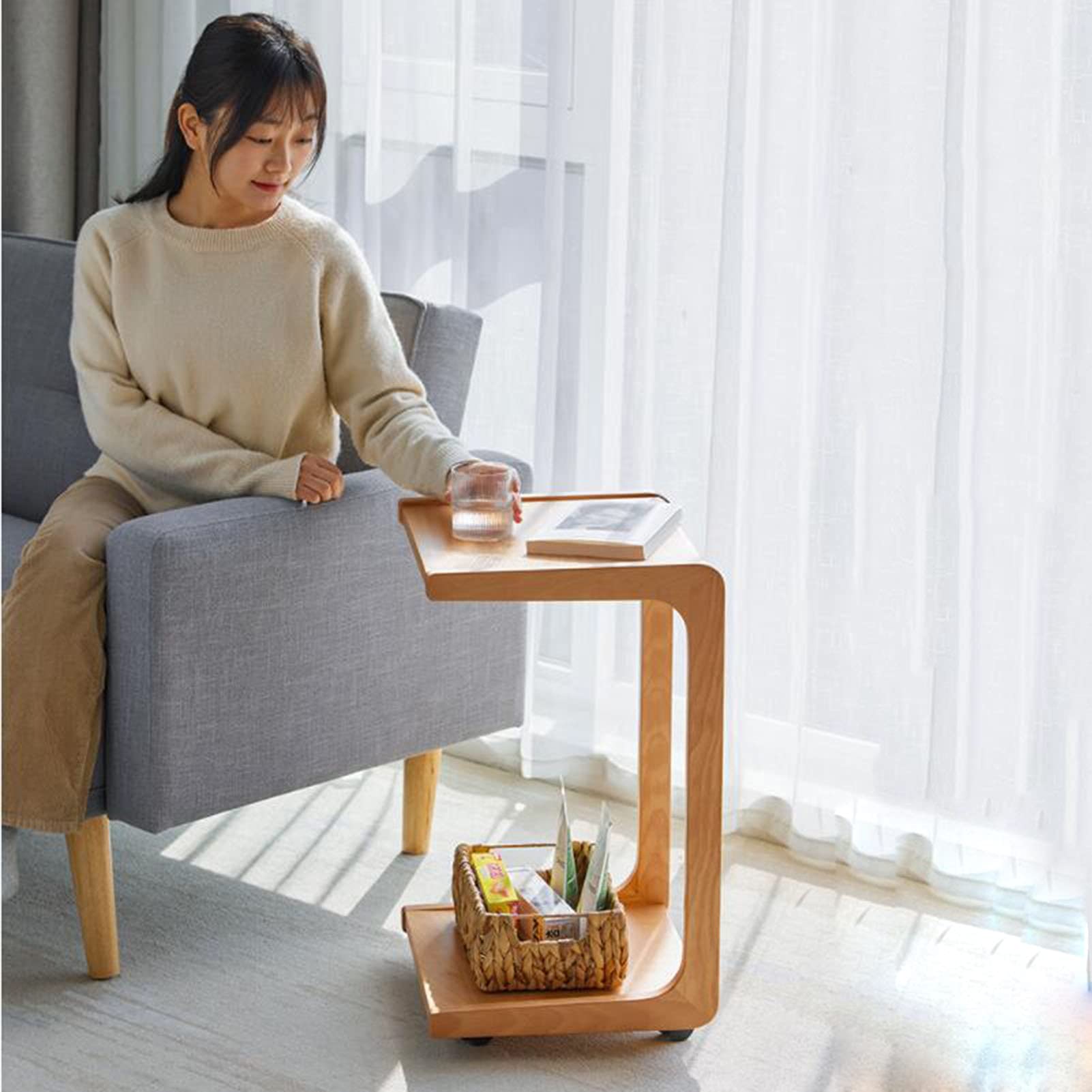 FUFU C-Shaped Side Table with Wheels - 2-Tier Wooden End Table for Sofa, Couch, Bed - Portable Snack Table for Living Room & Bedroom - Perfect for Small Spaces, TV Dinners, and Reading Nooks