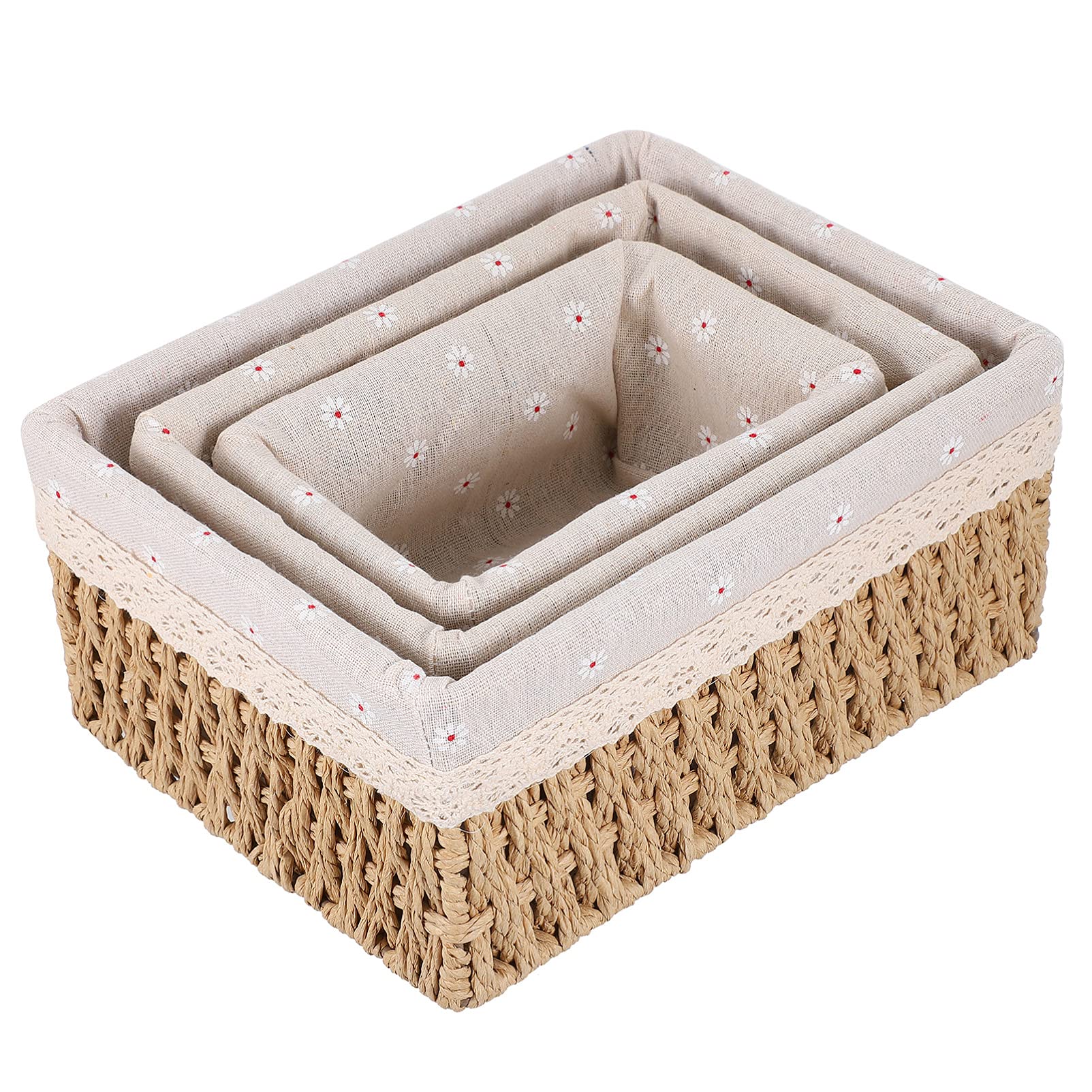 VOSAREA 3-Piece Beige Woven Rattan Storage Baskets with Liners - Rectangular Organizer Box for Bathroom Vanity, Makeup, Toys & Sundries | Perfect for Home Decor, Bedroom & Closet Organization