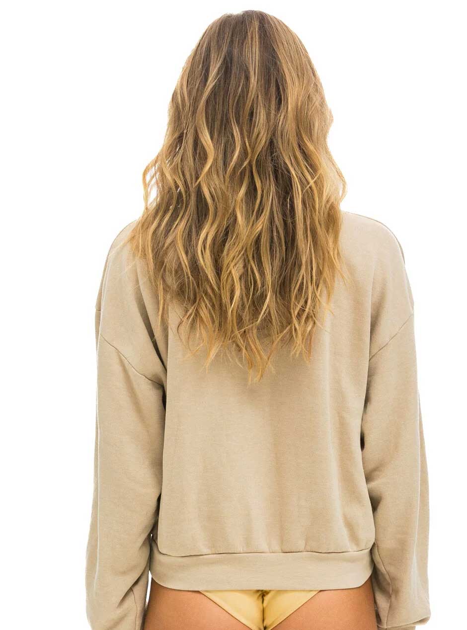 Aviator Nation Women's Rainbow Heart Stitch Relaxed Crew Sweatshirt - Sand Tan | Cozy Casual Pullover for Women | Perfect for Lounge Wear, Weekend Outfits & Street Style Fashion