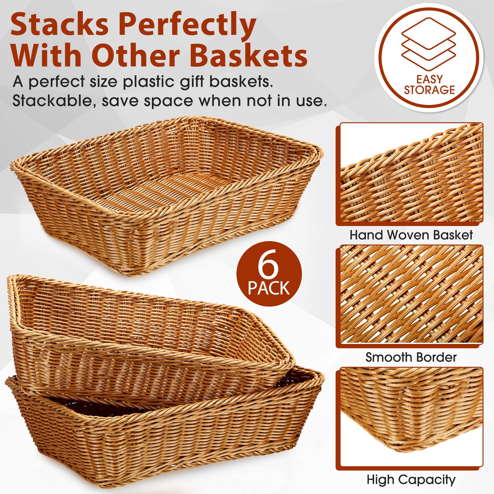 6-Piece 17.7-Inch Poly Wicker Bread Baskets - Rustic Woven Rattan Fruit & Vegetable Serving Baskets for Kitchen, Restaurant, Dining Table Display - Perfect for Bread Storage, Fruit Bowls, and Farmhouse Decor