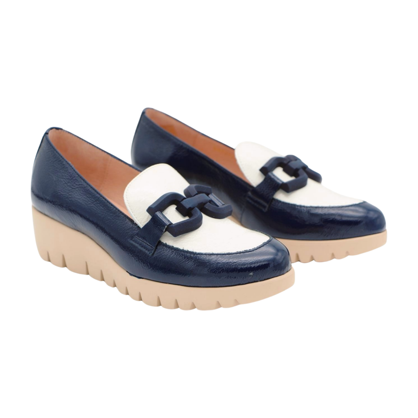 WONDERS C 33311 Navy Patent Leather Wedge Heels with Cream Trim and Navy Buckle - Perfect for Office, Parties, and Casual Outings