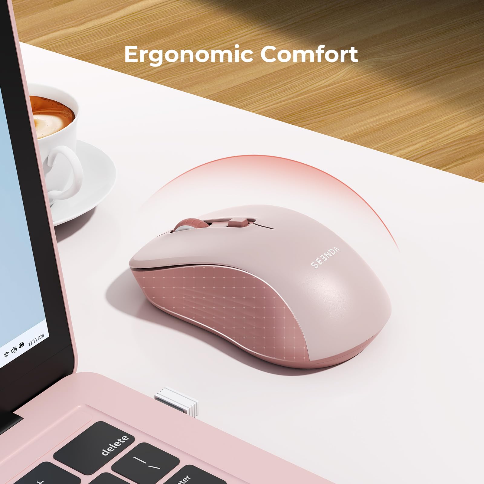 Seenda Wireless Bluetooth Mouse for Laptop - Dual Mode (Bluetooth & 2.4G USB) Ergonomic Computer Mouse Compatible with MacBook, Windows PC - Pink | Perfect for Office Work, Home Use & Travel