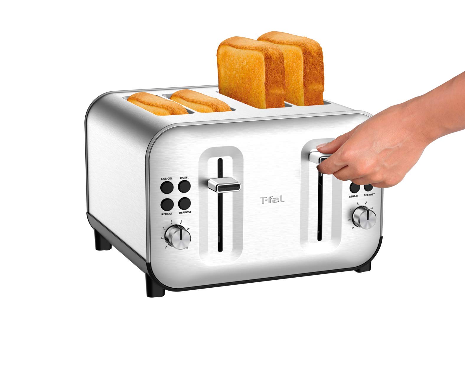 T-Fal TF684D50 4-Slice Stainless Steel Toaster - Perfect for Bread, Bagels, Snacks & Reheating with 8 Browning Settings - Ideal for Breakfast, Office & Dorm Use - Silver