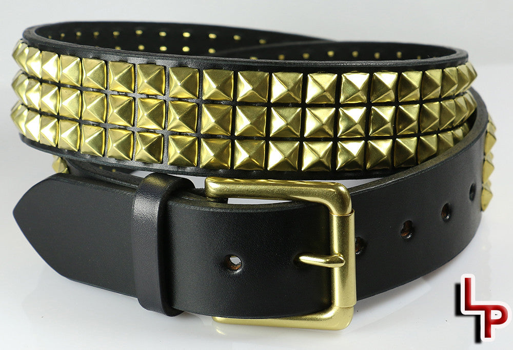Stylish Brass Pyramid Studded Leather Belt with 3 Rows - Vintage Punk Fashion Accessory for Men & Women | Perfect for Jeans, Skirts, and Gothic Outfits