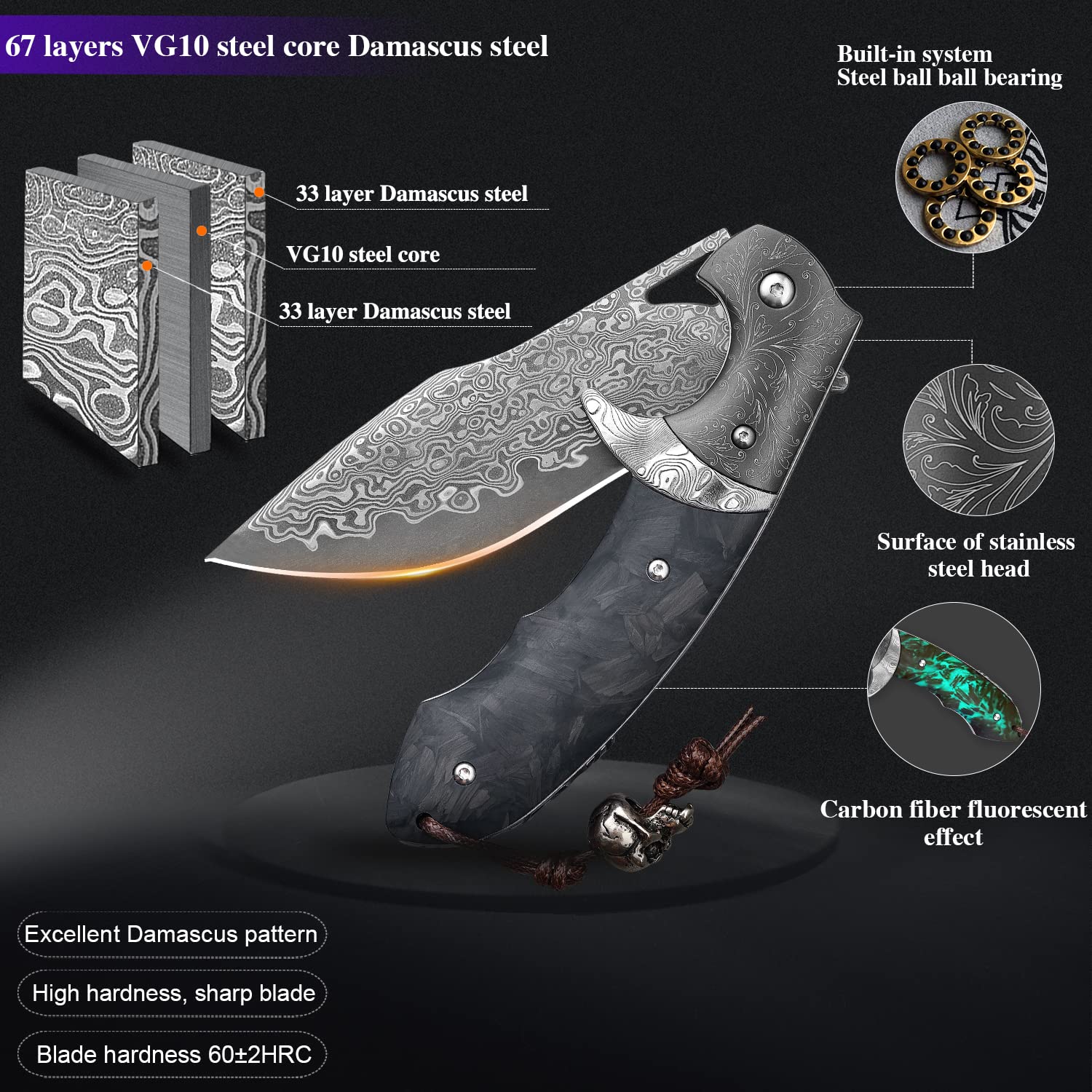 Premium Handmade Damascus Steel Folding Knife with Leather Case - 3.8 Inch VG10 Steel Core Blade, Steel Ball Bearings & Carbon Fiber Handle - Tactical Pocket Knife for Hiking, Camping, Outdoor Survival & Everyday Carry (EDC)