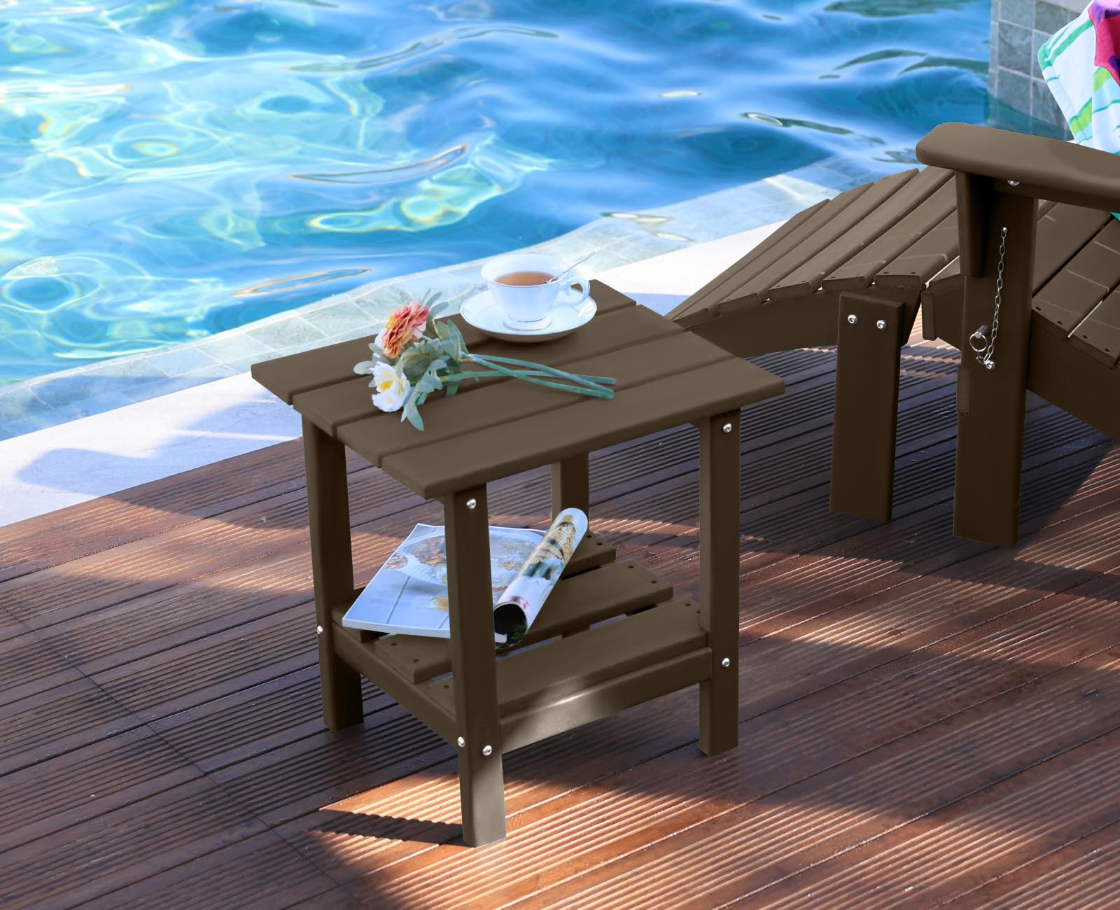 Adirondack Side Table Outdoor with Double Layers - Weather Resistant Square End Table for Patio, Pool, Garden, Backyard & Lawn in Dark Brown | Perfect for Outdoor Relaxation & Entertaining
