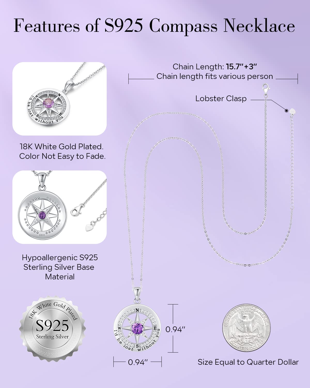 Elegant S925 Sterling Silver Compass Necklace for Women - 18K Gold Plated Jewelry Gift for Wife, Girlfriend, Anniversary, Birthday & Valentine's Day - Romantic 'I'd Be Lost Without You' Message - Perfect for Travel Lovers & Outdoor Adventures