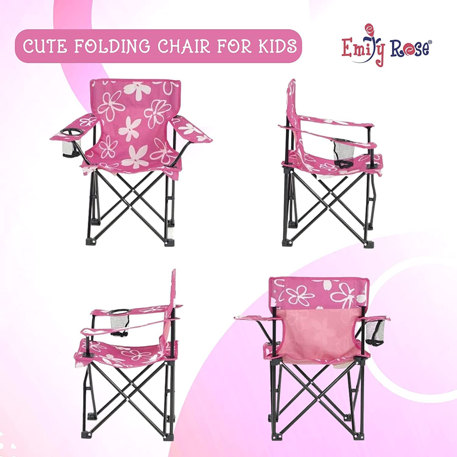 Emily Rose Kids Folding Chair with Safety Lock - Portable Pink Beach Chair for Girls & Toddlers with Cup Holder & Carry Bag - Perfect for Camping, Travel, Beach, Picnic, Tailgate, Indoor & Outdoor Use