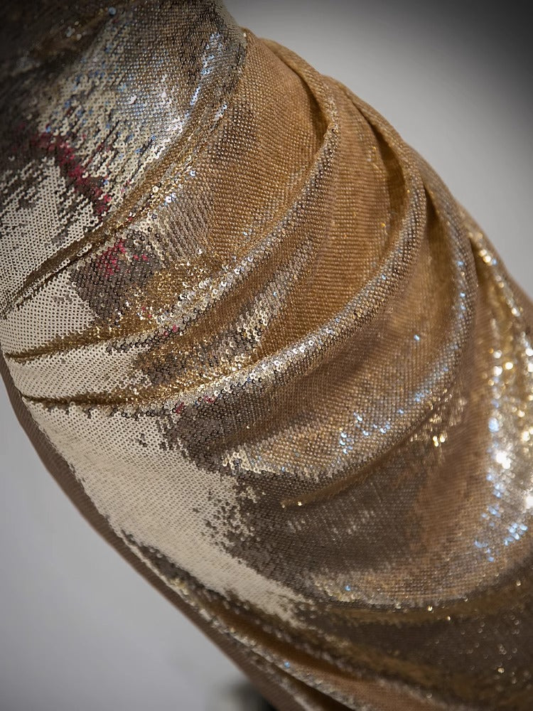 Elegant Gold Off-Shoulder Sequin Evening Gown with Train - Vintage 1969 Style for Prom, Wedding & Formal Events