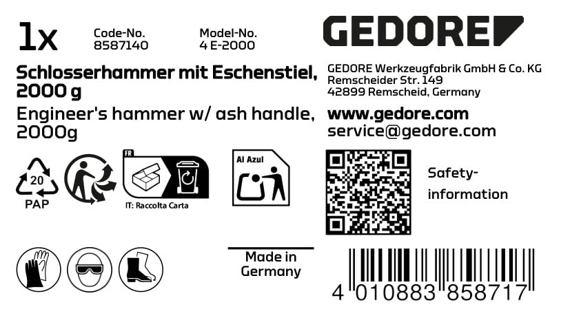 GEDORE 4 E-2000 2000g Engineers Hammer - Professional Heavy Duty Forging & Metalworking Tool for Blacksmiths, Mechanics, and DIY Projects