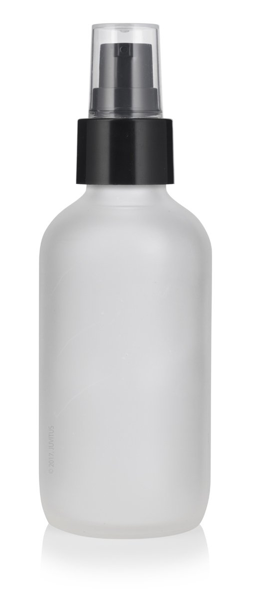 JUVITUS 4 oz Frosted Clear Glass Boston Round Bottle with Black Treatment Pump (6 Pack) + Funnel - Perfect for Essential Oils, Lotions, and DIY Beauty Products Storage