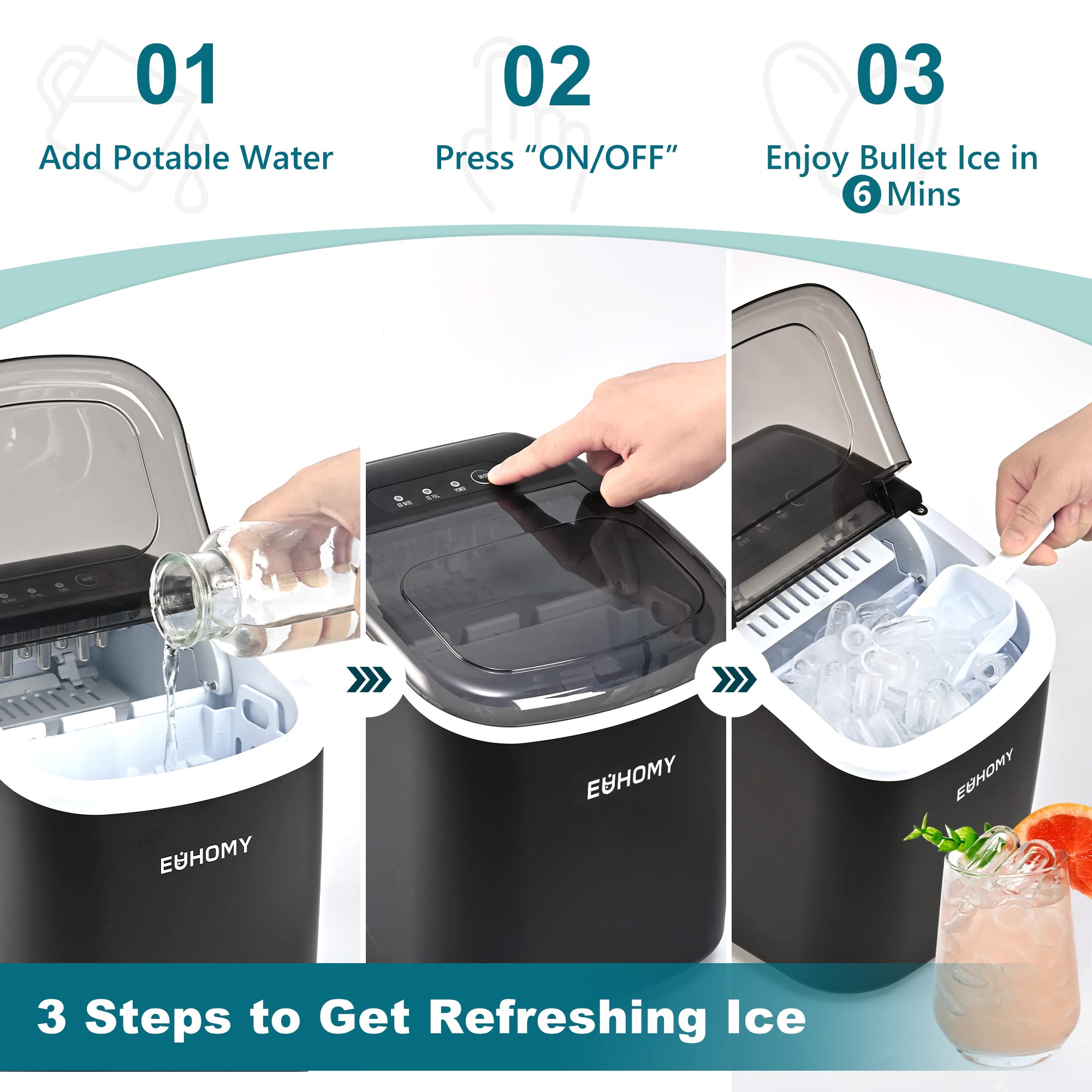 EUHOMY Portable Countertop Ice Maker Machine - 26lbs/24Hrs, 9 Cubes in 6 Mins - Auto-Cleaning with Ice Basket & Scoop - Compact Ice Maker for Home, Kitchen, RV, Camping & Outdoor Use (Black)