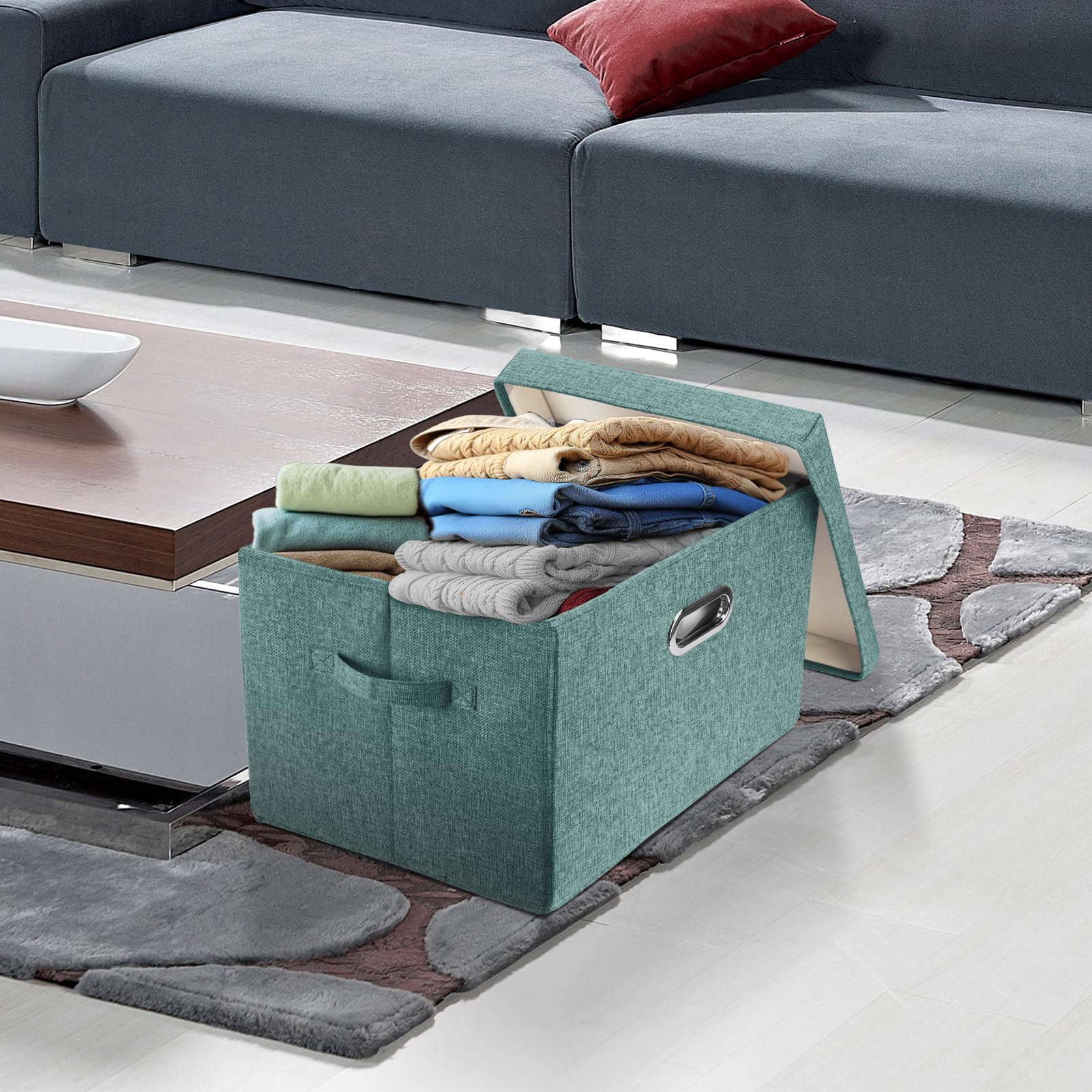 TYEERS Collapsible Storage Bins with Lids - 2 Pack Large Foldable Organization Bins for Closet, Clothes & Home Office Storage - Space Saving Aqua Deep Boxes - Perfect for Seasonal Decor, Kids Toys & Bedroom Organization