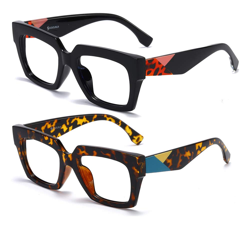 SOOLALA Blue Light Blocking Reading Glasses - Square Frame with Leopard Print Arms - Reduce Eye Strain for Computer Work, Reading & Gaming