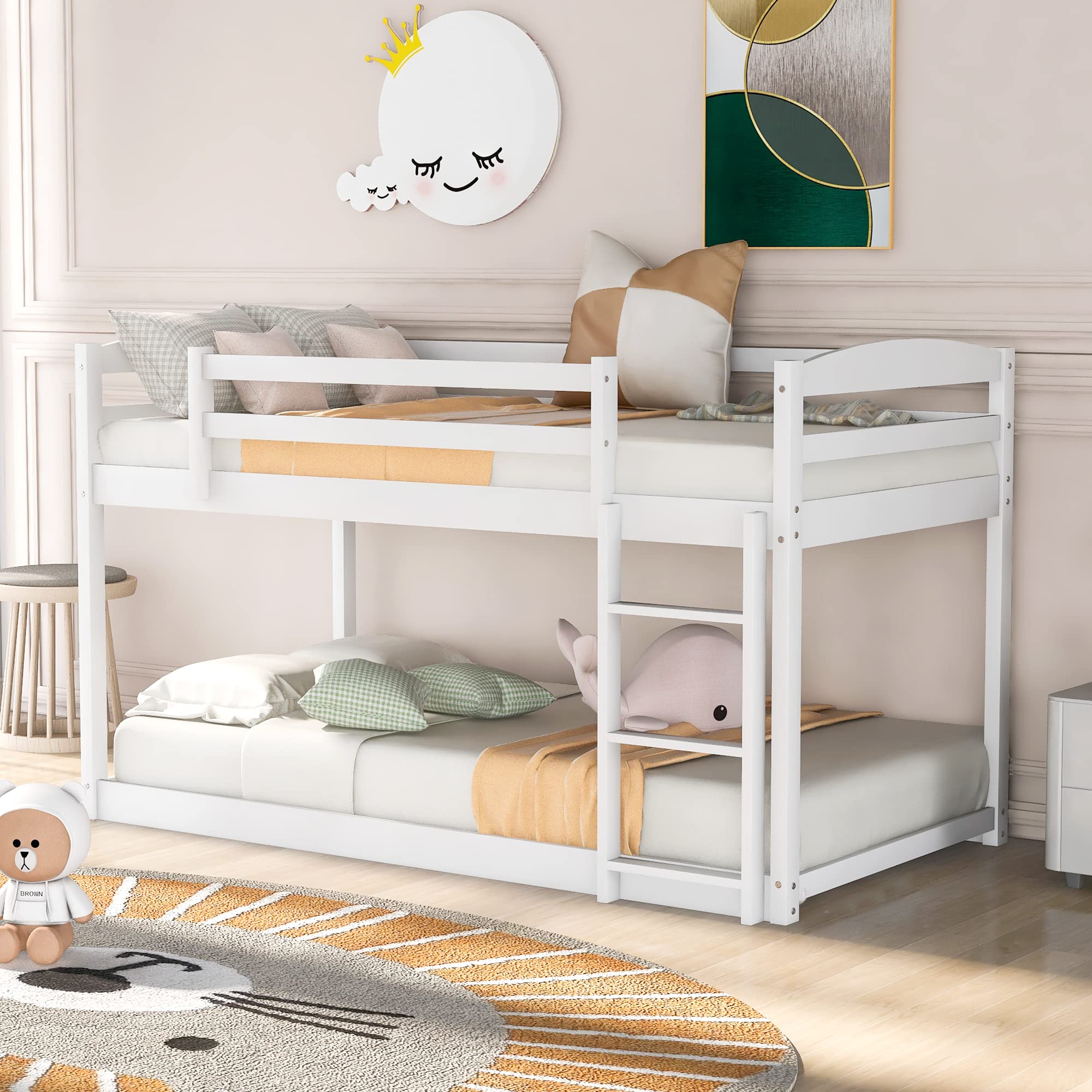 Harper & Bright Designs Twin Over Twin Bunk Bed Frame for Kids - Sturdy Wood Loft Bunk Bed with Safety Guard Rails, Low Profile Design, No Bunkie Board Needed - Perfect for Small Bedrooms, Guest Rooms & Kids' Shared Spaces