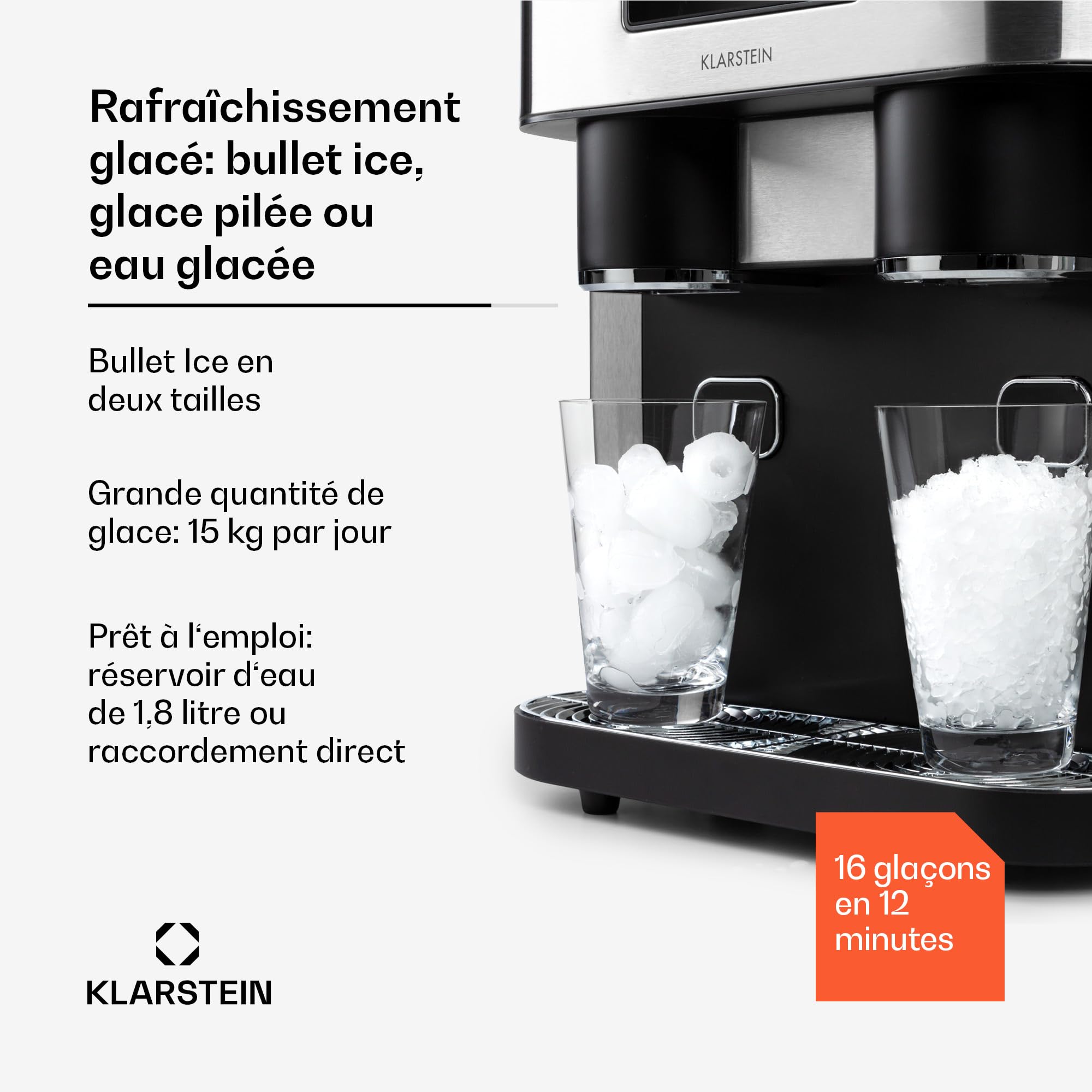 Klarstein 1.8L Portable Ice Maker Machine for Home - Fast Makes 15kg Crushed or Bullet Ice Cubes - Easy Clean Countertop Ice Maker with Alarm - Perfect for Parties, Cocktails & Outdoor Events