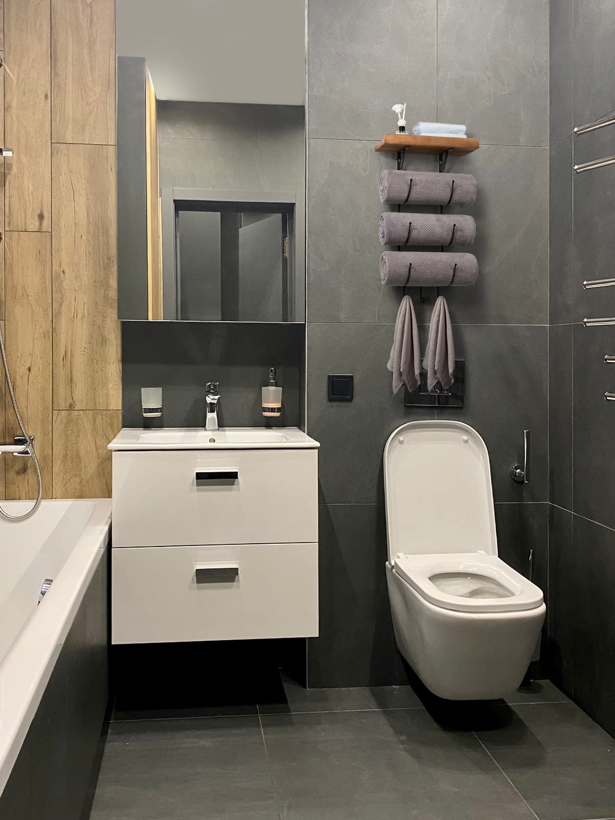 Wall Mounted Bathroom Towel Rack with Wood Shelf & 3 Hooks - IRIIJANE Metal Towel Holder for Hand & Bath Towels - Space Saving Organizer for Small Bathrooms, RV Campers & Home Decor (Black) - Perfect for Compact Spaces & Stylish Storage Solutions
