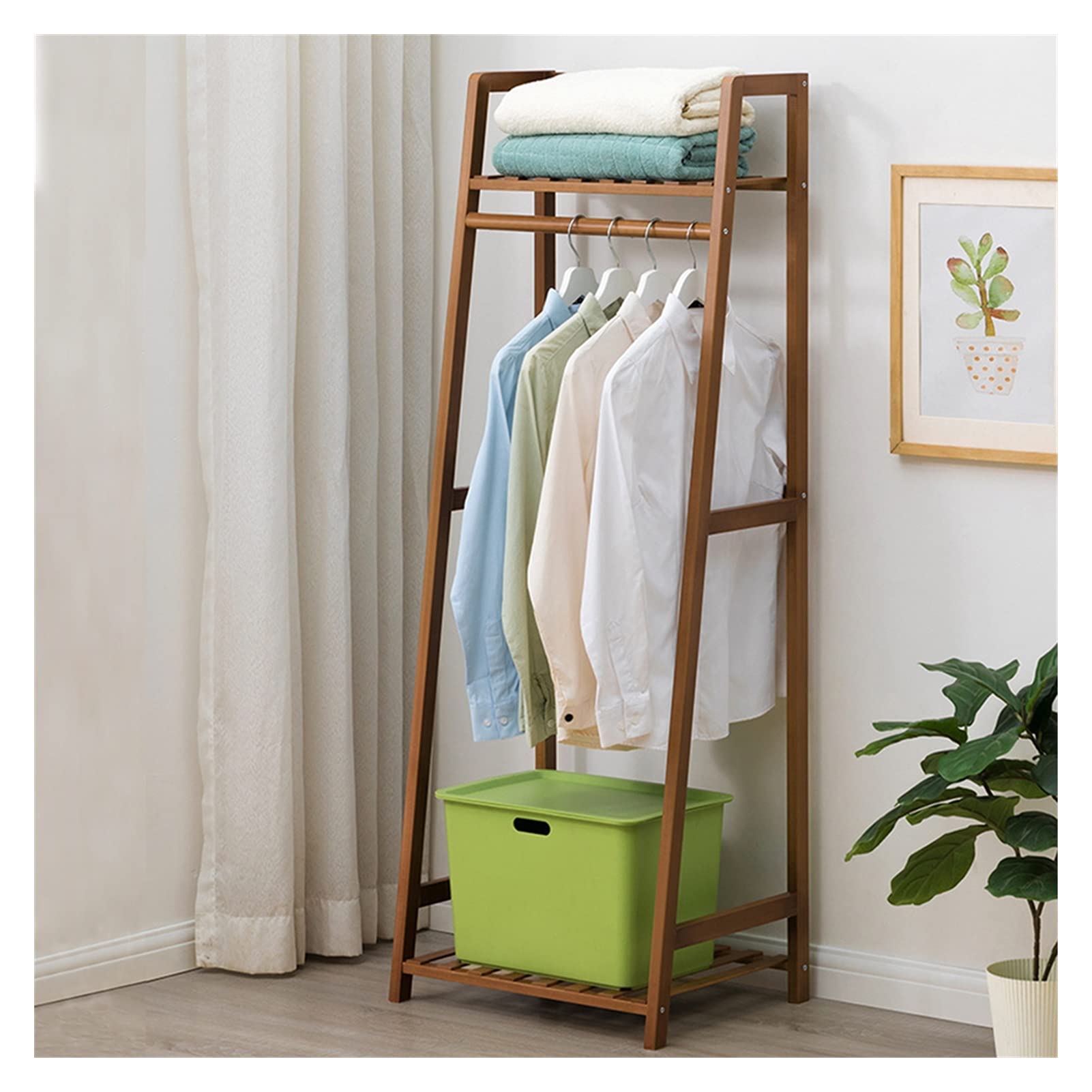 Space Saving Bamboo Wood Garment Rack with Shelves - Kids Clothes Hanging Stand for Entryway, Hallway & Bedroom - Sturdy Coat Rack Organizer (Brown, 50cm) - Perfect for Small Spaces & Nursery Closet Organization