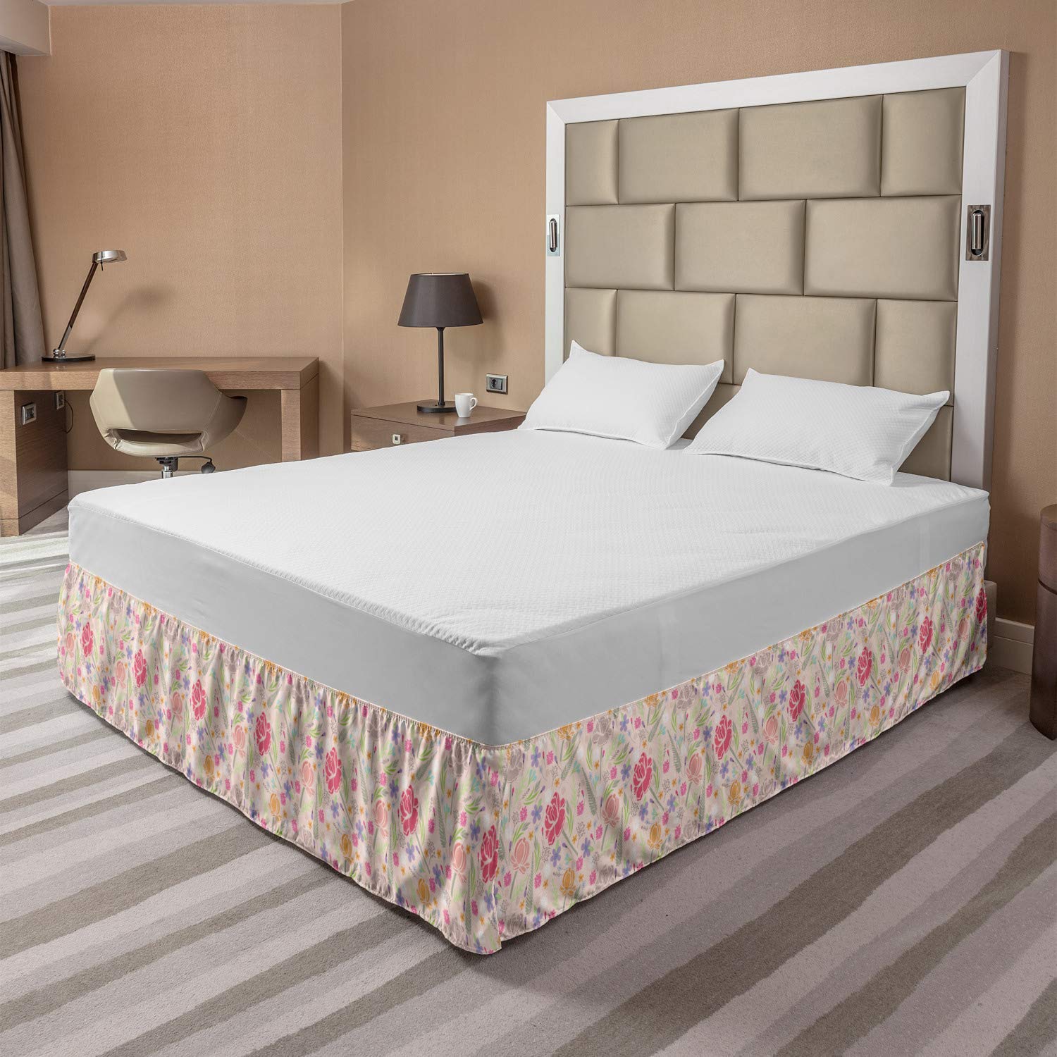 Ambesonne Queen Size Bed Skirt - Floral Botanical Design with Wildflowers & Peonies, Elastic Wrap Around Dust Ruffle for Bedroom Decor | Perfect for Spring Refresh, Guest Room Makeover & Romantic Bedroom Styling
