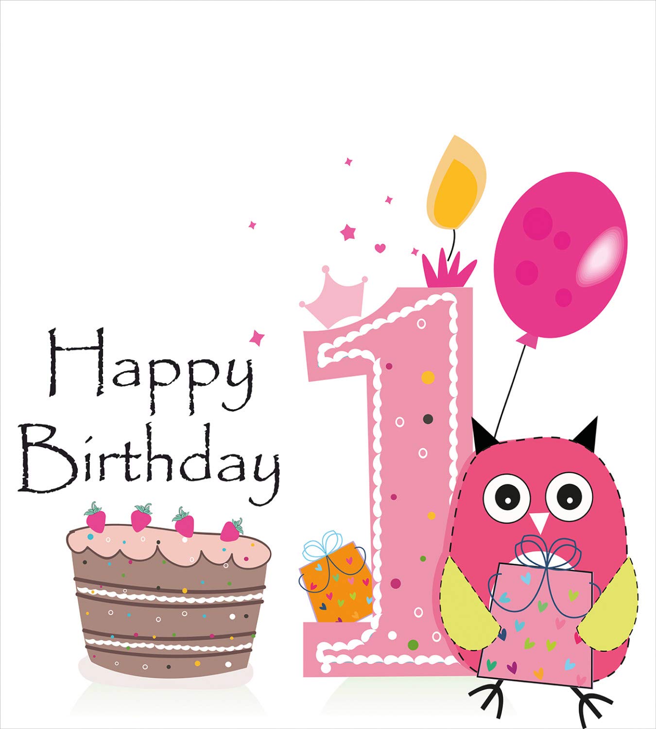 Ambesonne 1st Birthday Duvet Cover Set - First Birthday Cake & Candle Cartoon Owl Design - 3 Piece Bedding Set with 2 Pillow Shams - California King Size - Brown Hot Pink & Pink - Perfect for Baby's First Birthday Party Decorations & Nursery Room Decor