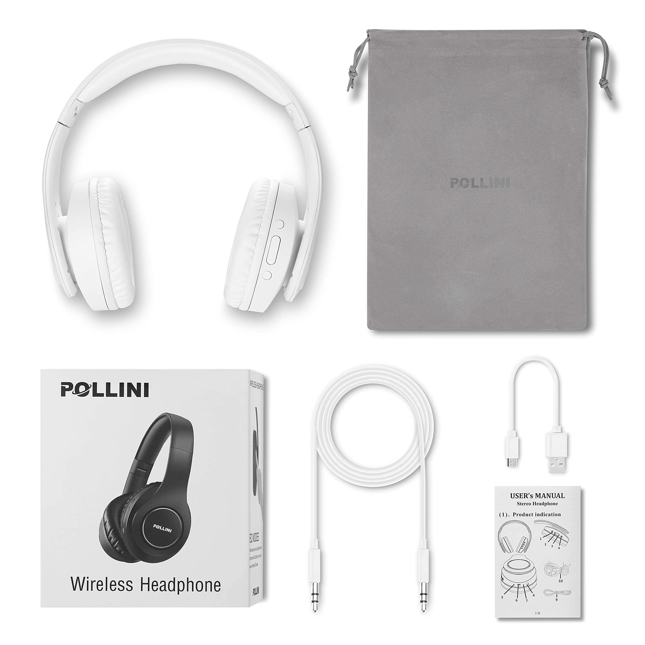 Pollini Wireless Bluetooth Headphones - 40H Playtime, Foldable Over-Ear Headset with Mic & Deep Bass Stereo - Soft Memory-Protein Earmuffs for iPhone/Android/PC - Perfect for Workouts, Commuting & Gaming (White)