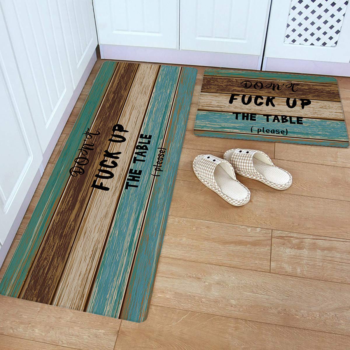 Non-Slip Anti-Fatigue Kitchen Mat Set of 2 - Absorbent Cushioned PVC Floor Mats for Standing Comfort, Retro Wood Design Rugs for Kitchen, Living Room & Bedroom - Perfect as Entryway Doormat or Table Protector