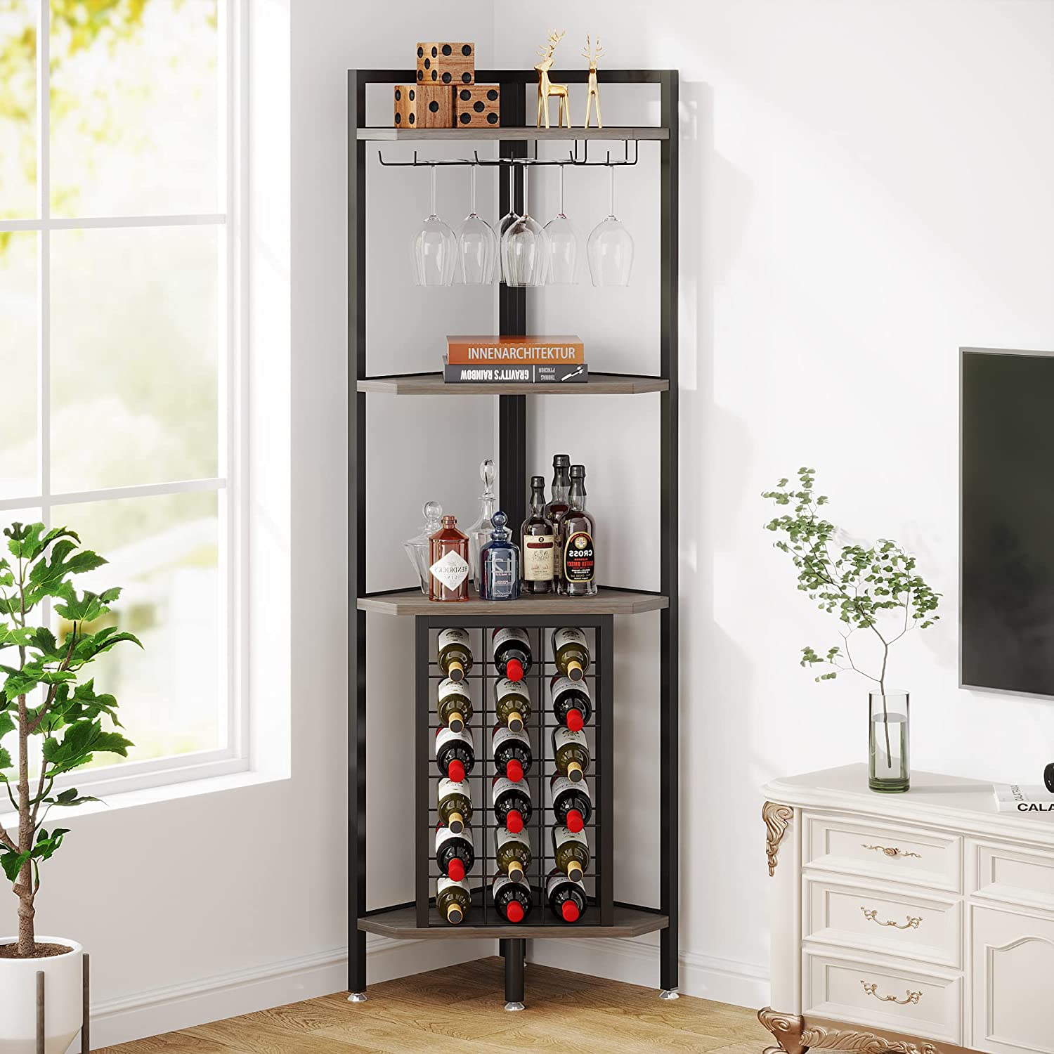 4 Tier Corner Wine Rack with Glass Holder & Storage Shelves - Space Saving Wine Storage for Kitchen, Bar, Dining Room & Home Decor