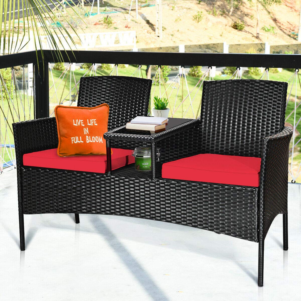 Relax4Life Outdoor Rattan Wicker Conversation Set with Coffee Table & 2 Removable Cushion Chairs - Patio, Garden, Balcony, Lawn Furniture for Porch, Backyard & Poolside (Black & Red)