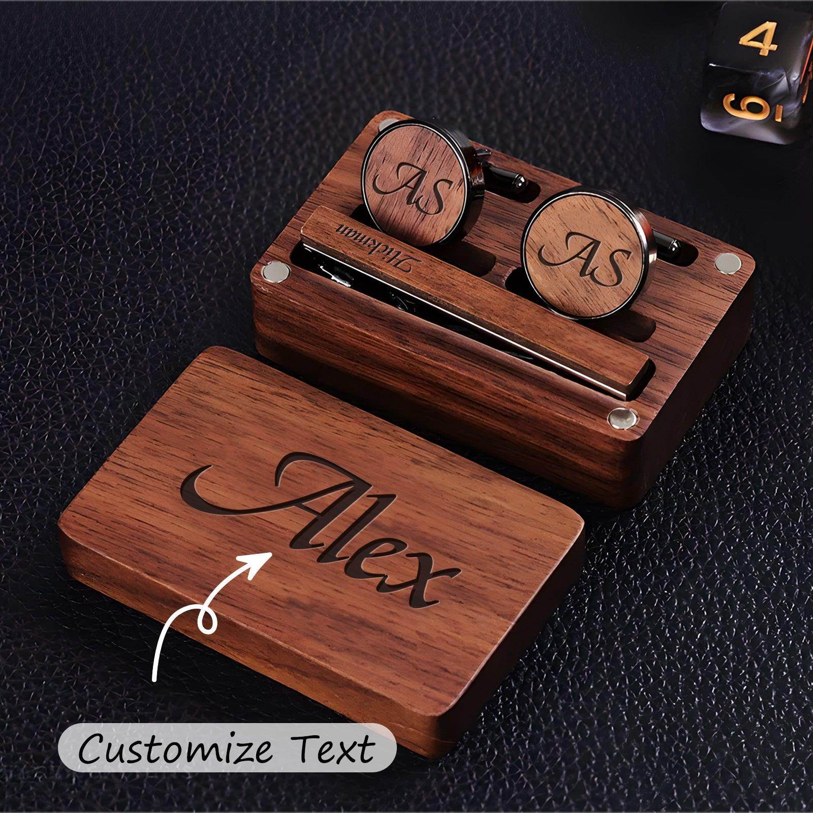 Personalized Engraved Cufflinks & Collar Clips Set - Premium Wooden Gift Box (807438879406) - Perfect for Weddings, Anniversaries & Formal Events