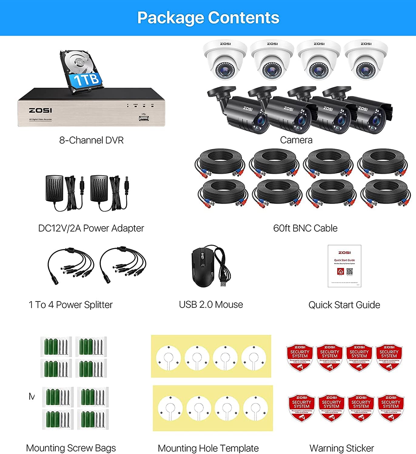 ZOSI 8 Channel Home Security Camera System with 1TB HDD, H.265+ 5MP Lite 8CH HD-TVI CCTV DVR Recorder & 8x 1080P HD 1920TVL Outdoor Cameras with Night Vision - 24/7 Surveillance for Home, Business & Property Protection