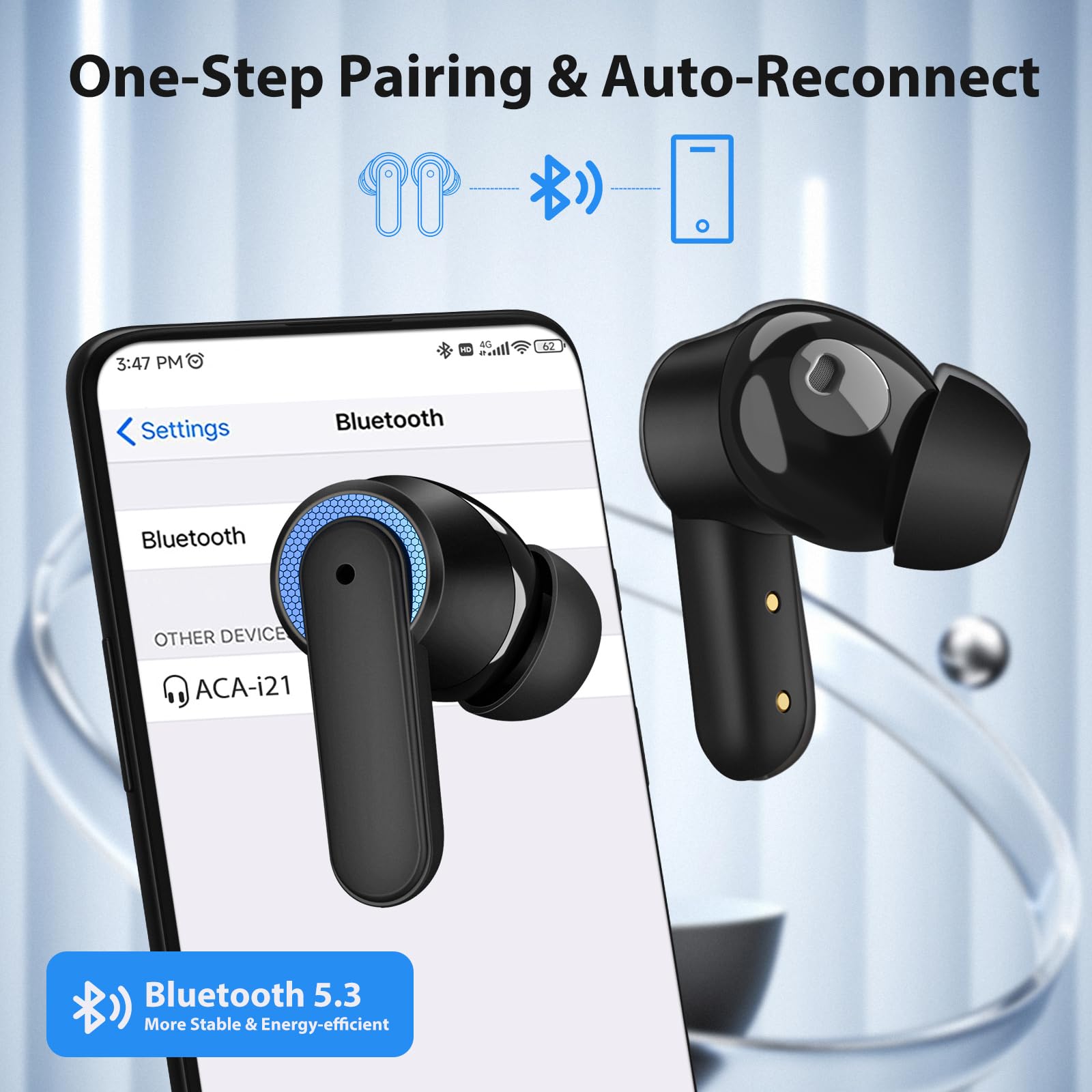 Wireless Bluetooth Earbuds with Noise Cancelling & Mic - Compatible with iPhone 16/15 Pro Max/14/13 & Samsung Galaxy S25/S24/S23/S22/S21 - Premium Bass Stereo Sound for Workouts, Commuting & Gaming