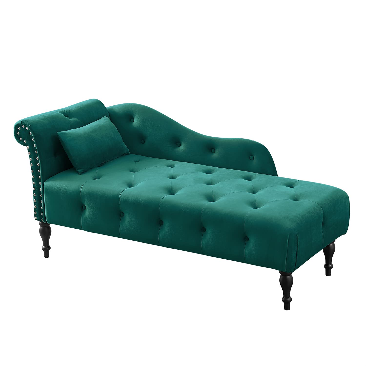 Luxury Velvet Chaise Lounge Chair with Pillow - Button Tufted Upholstered Right Arm Facing Sofa with Nailhead Trim - Elegant Accent Chair for Living Room, Bedroom, Office - Perfect for Reading Nook, Home Decor & Relaxation (Emerald Green)