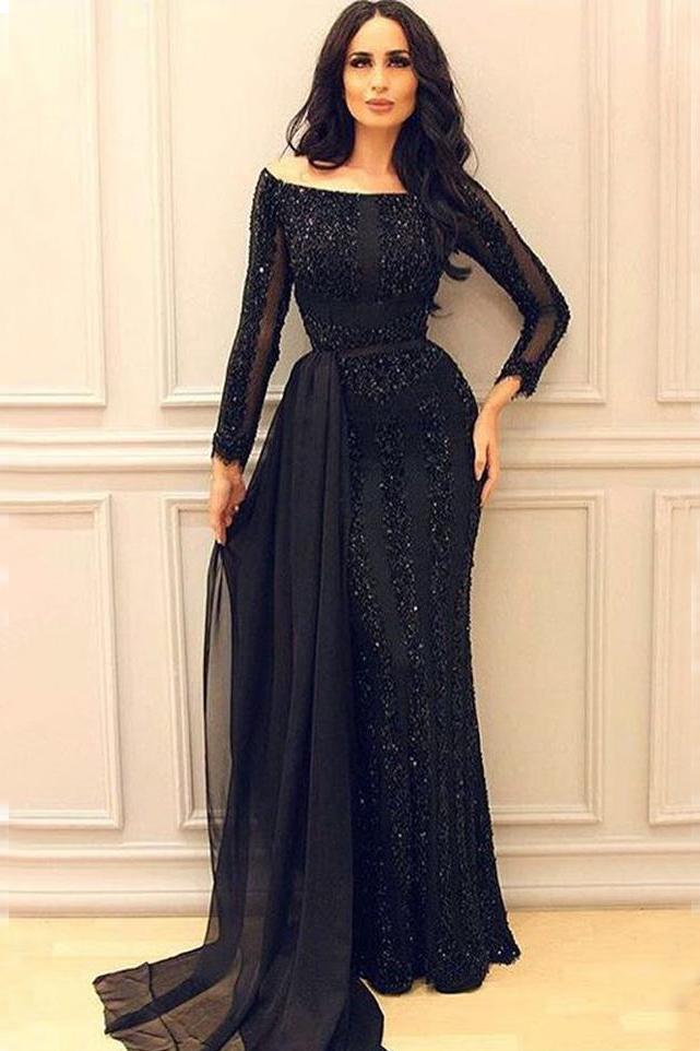 Sexy Black Long Sleeve Sequined Prom Dress Off Shoulder - Perfect for Homecoming, Evening Gala & Special Occasions