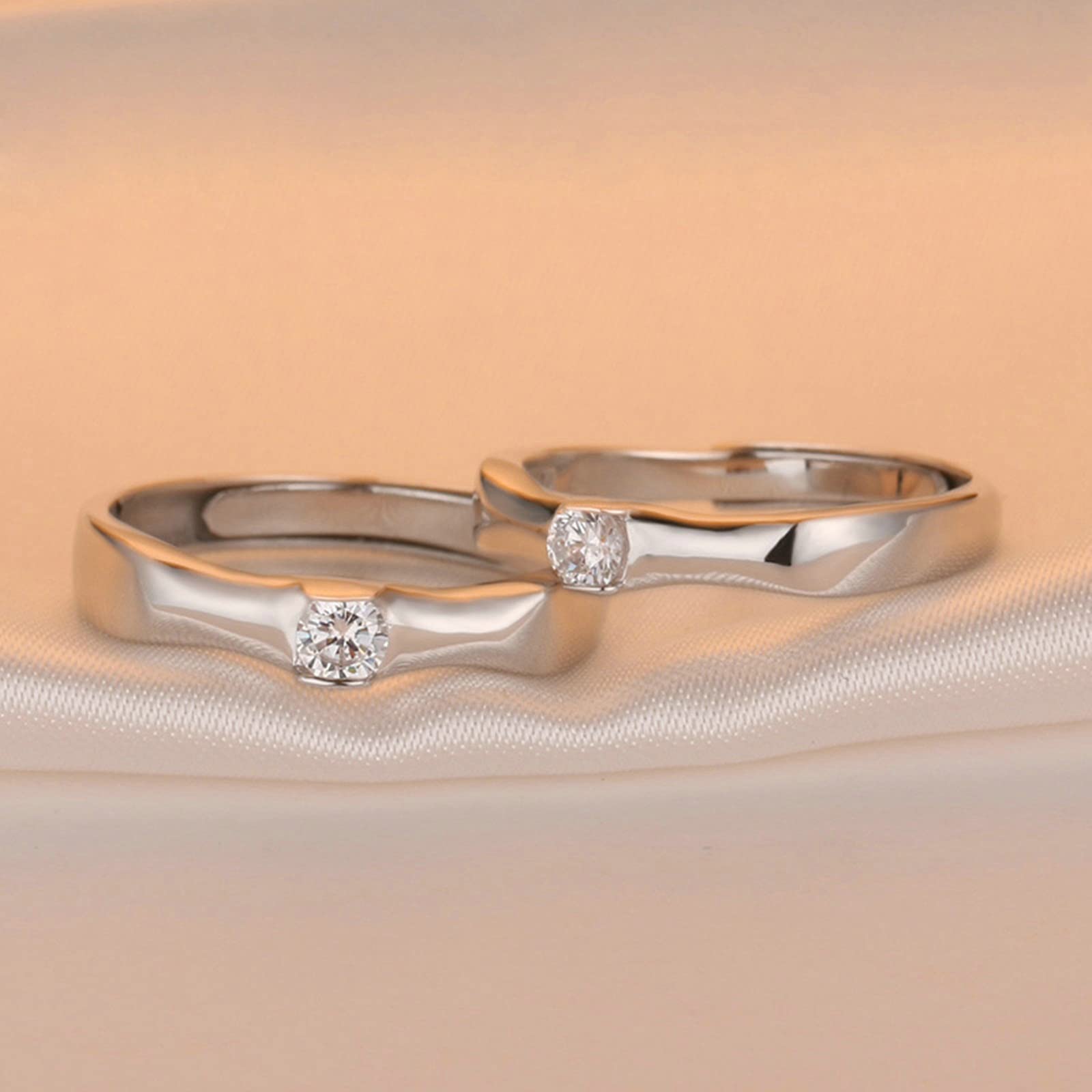 Sterling Silver Matching Wedding Bands Set with Cubic Zirconia Solitaire - Vintage Adjustable Engagement Rings for Couples | Perfect for Anniversaries, Proposals & Romantic Occasions