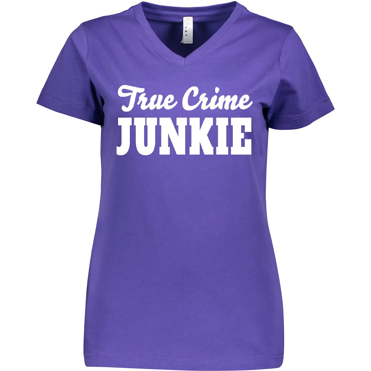 Inktastic True Crime Junkie Women's V-Neck T-Shirt - Funny White Text Graphic Tee for True Crime Fans, Podcast Lovers & Mystery Enthusiasts - Perfect for Casual Wear, Netflix Binges & Crime Conventions