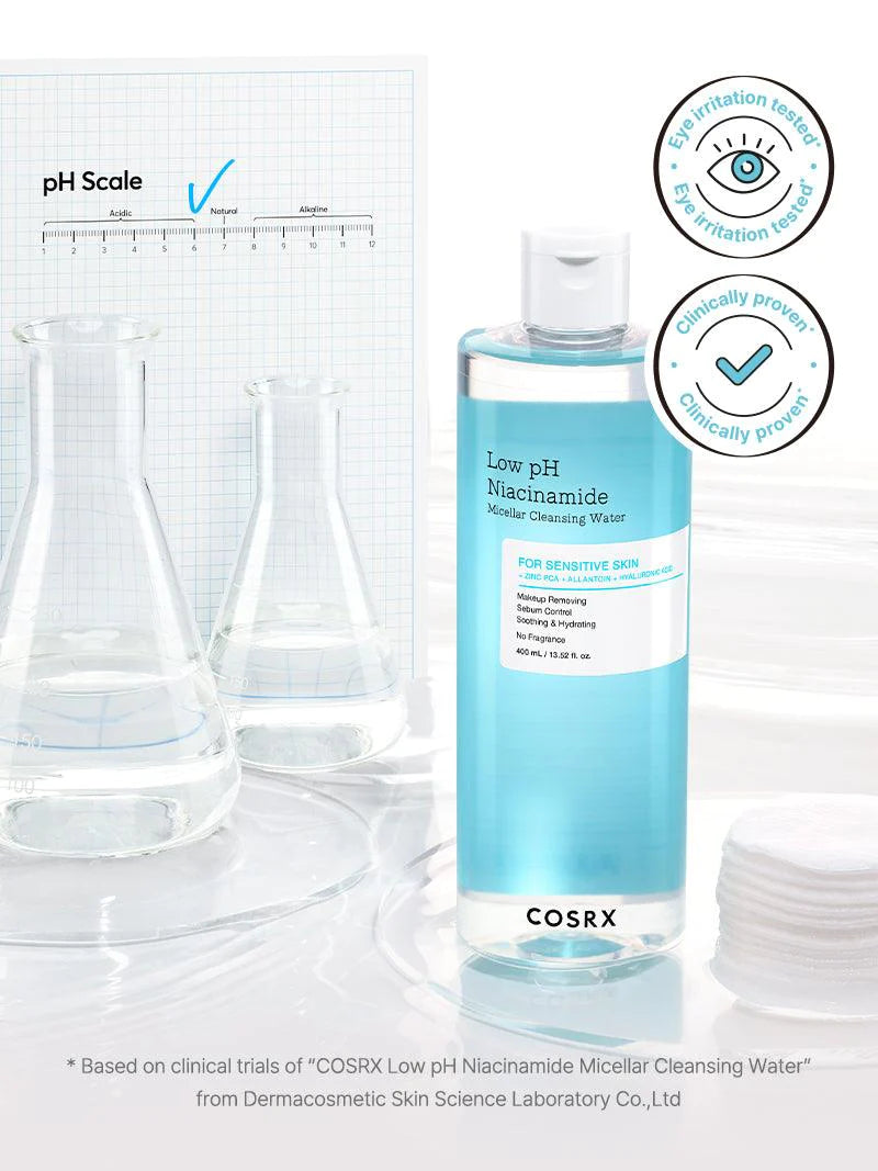 COSRX Low pH Niacinamide Micellar Cleansing Water 400ml - Gentle Face Cleanser for Sensitive Skin, Makeup Remover & Pore Refiner - Perfect for Daily Skincare Routine & Travel