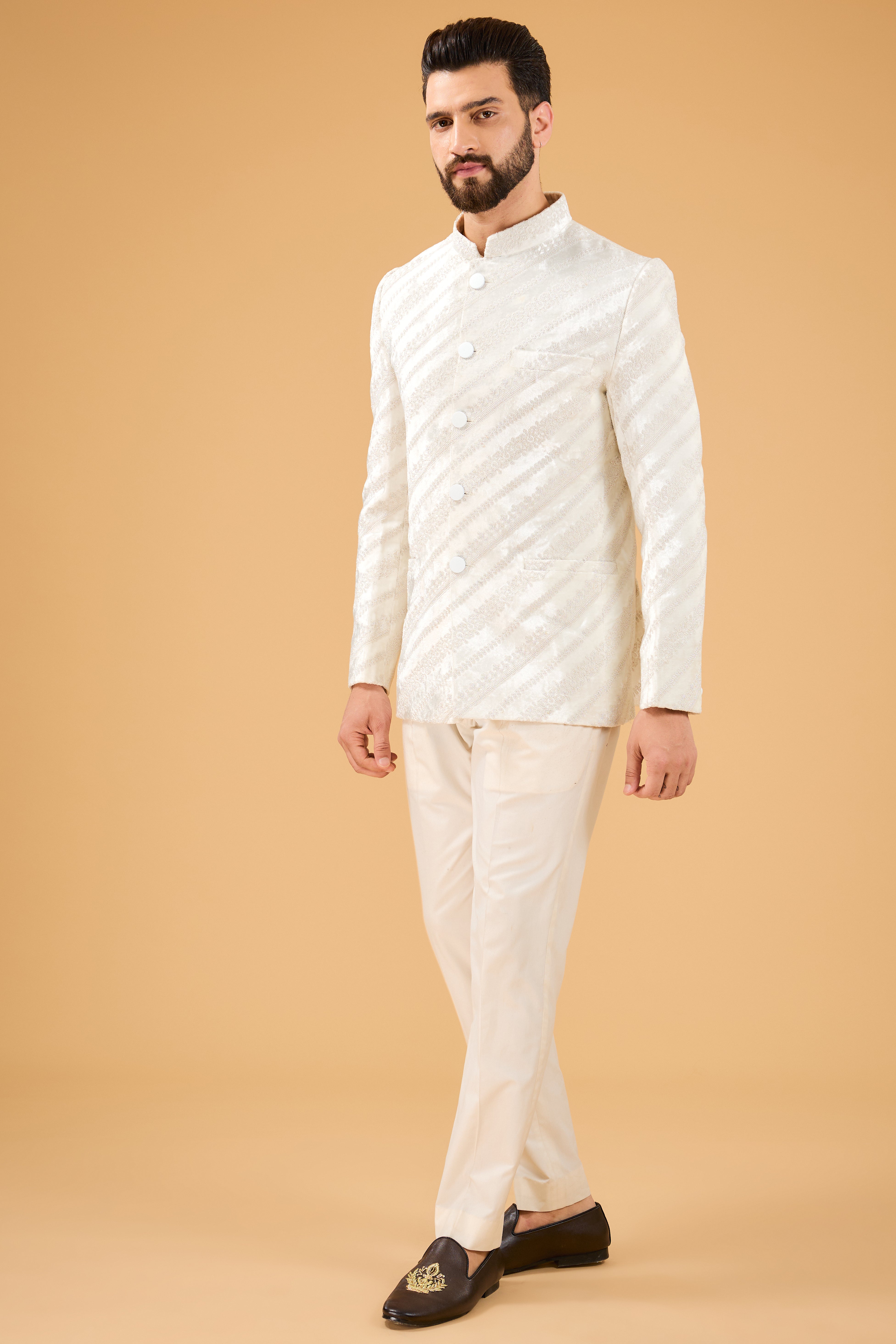 Exquisite Ivory Bandhgala with Intricate Dori Work on Velvet - Perfect for Weddings, Festivals & Special Occasions