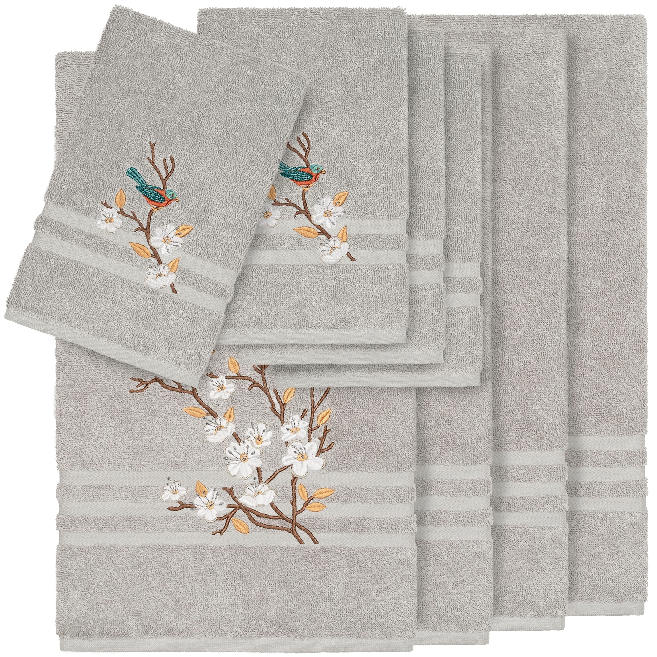 Premium Turkish Cotton 8-Piece Towel Set - Blue Bird Embroidered Light Grey Bath Towels - Soft & Absorbent for Spa, Bathroom & Guest Use