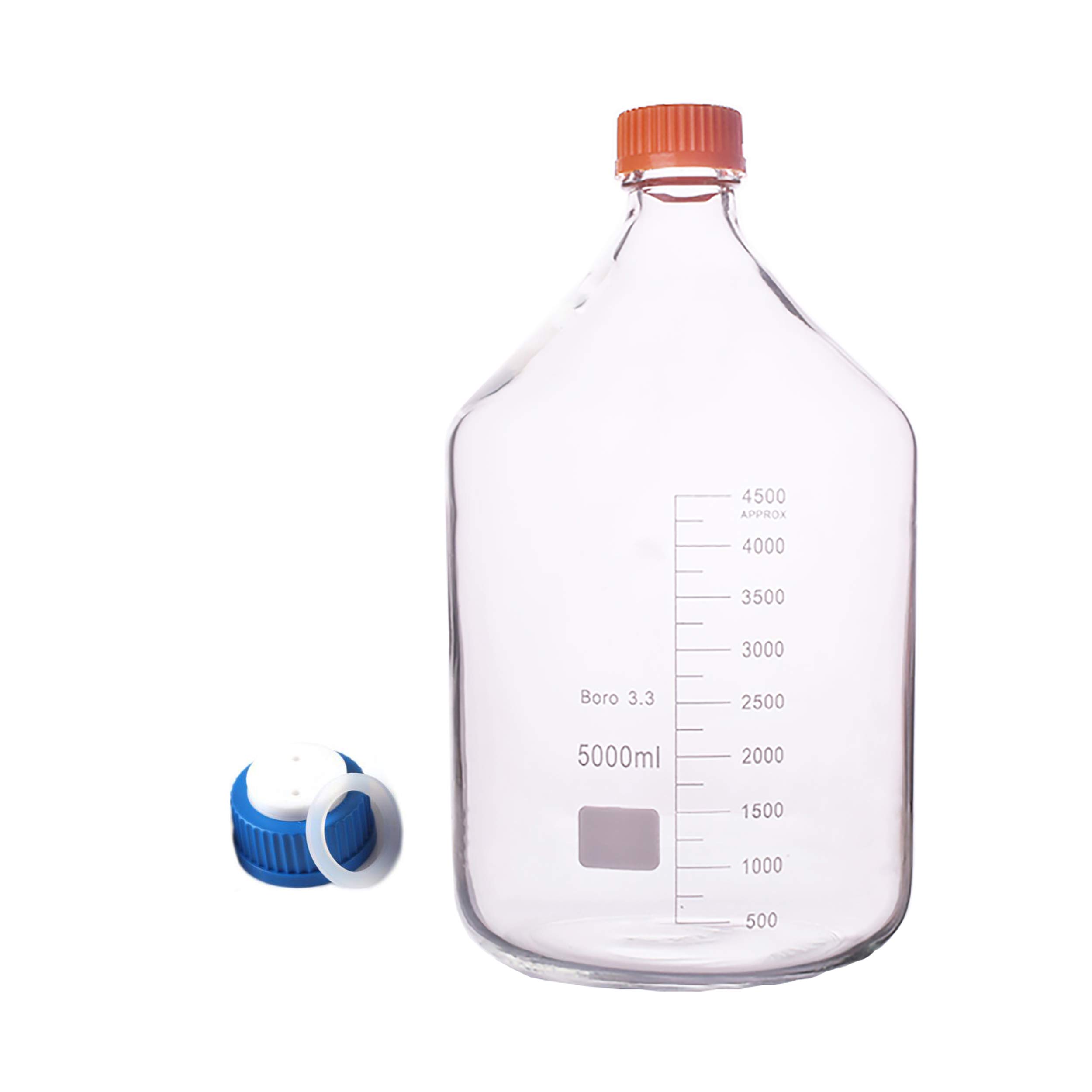5L Borosilicate Glass Media Storage Bottle - 5000ml Round Reagent Bottle with GL45 2-Hole Mobile Phase Cap | Lab-Grade Chemical Solution Container for HPLC, Solvent Storage & Scientific Experiments