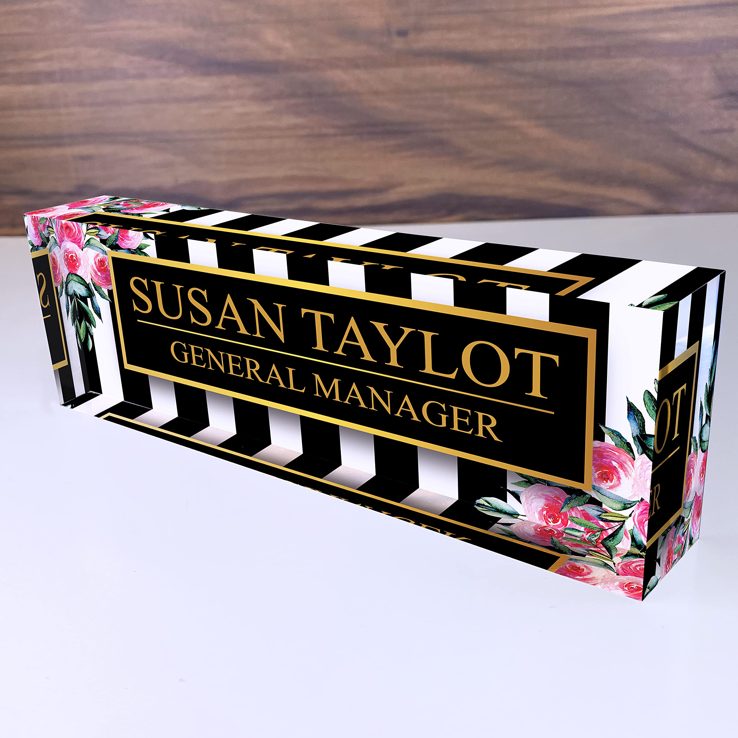 Personalized Artblox Office Desk Name Plate - Custom Acrylic Name Plates with Black Stripes & Roses Design (8