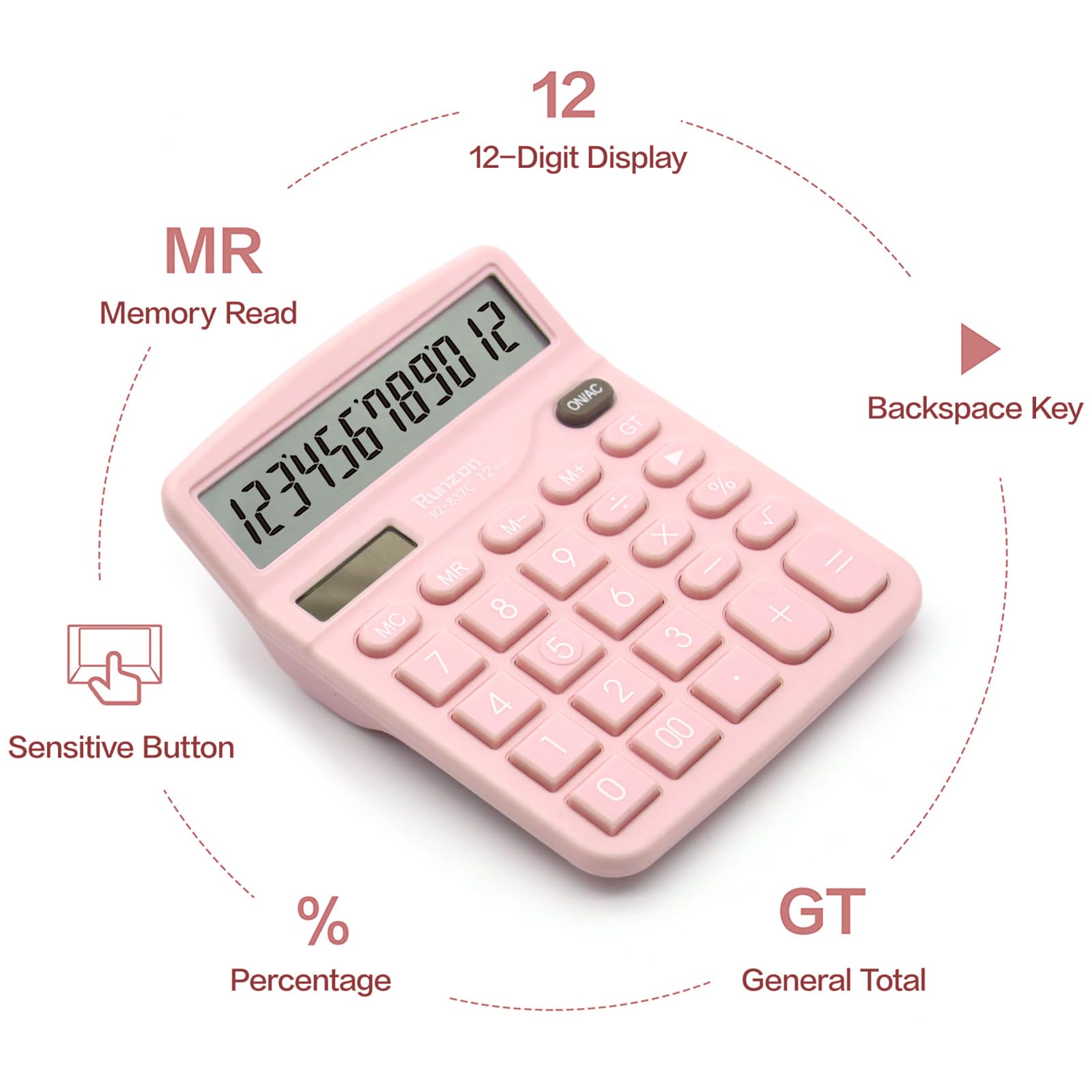 2-Pack Pink Solar & Battery Dual Power Desktop Calculator - 12-Digit Large LCD Display with Sensitive Buttons - Office & School Supplies for Desk, Home, Classroom & Business Use