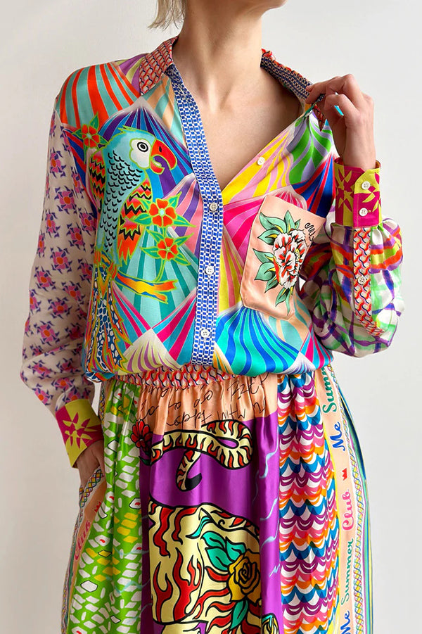 You Make Me Wonder Satin Colorful Unique Print Button Down Oversized Blouse - Stylish Women's Fashion Top for Casual Wear, Office & Date Nights