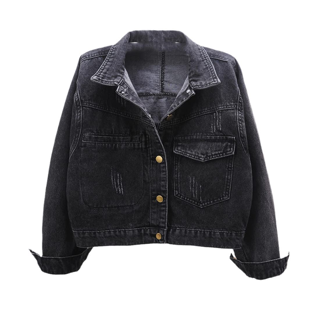 Vintage Women's Loose Fit Long Sleeve Denim Jacket with Big Pockets & Frayed Hem - Korean Style Autumn Fashion for Casual Outfits & Streetwear Looks